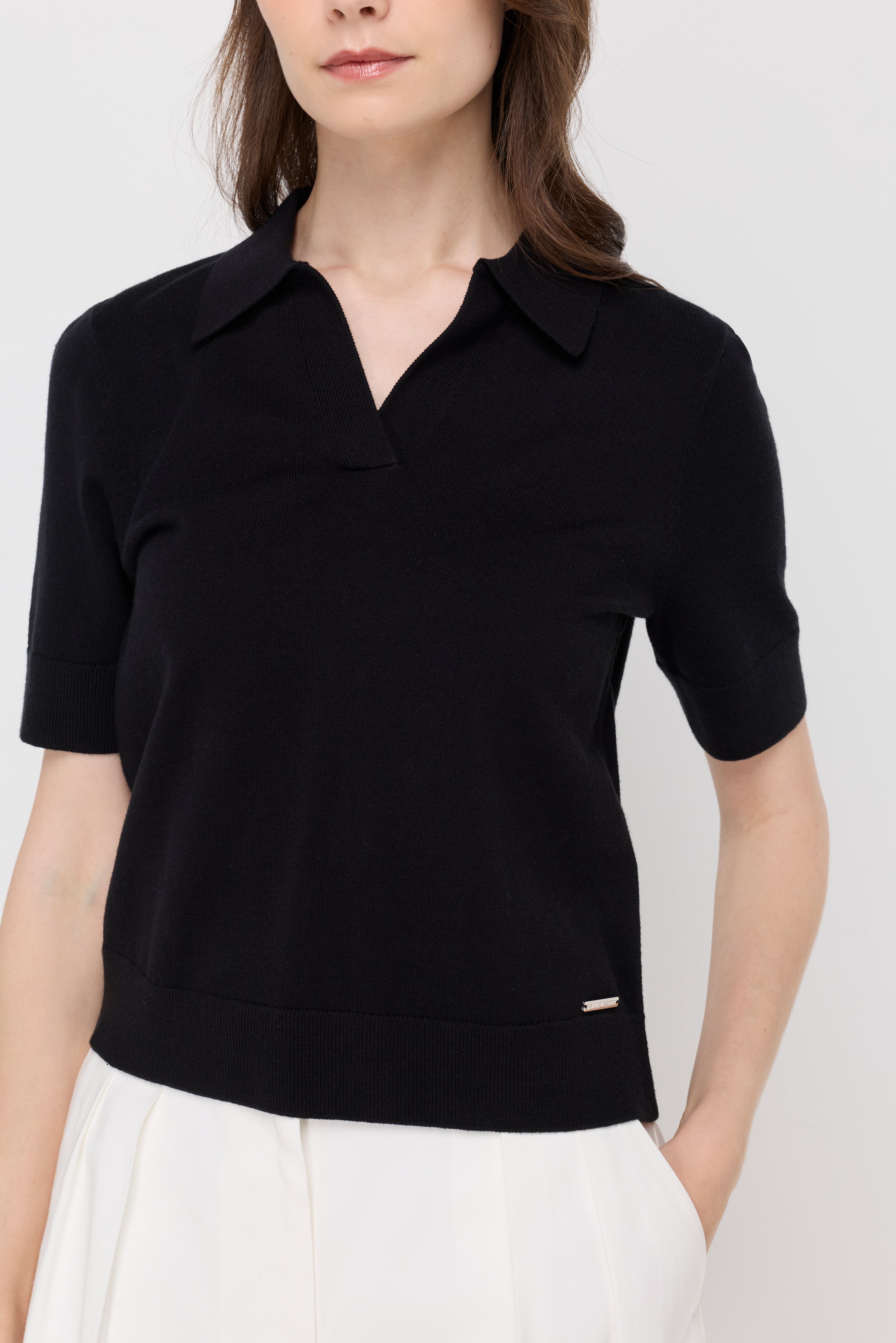 Textured Knit Polo Top Black