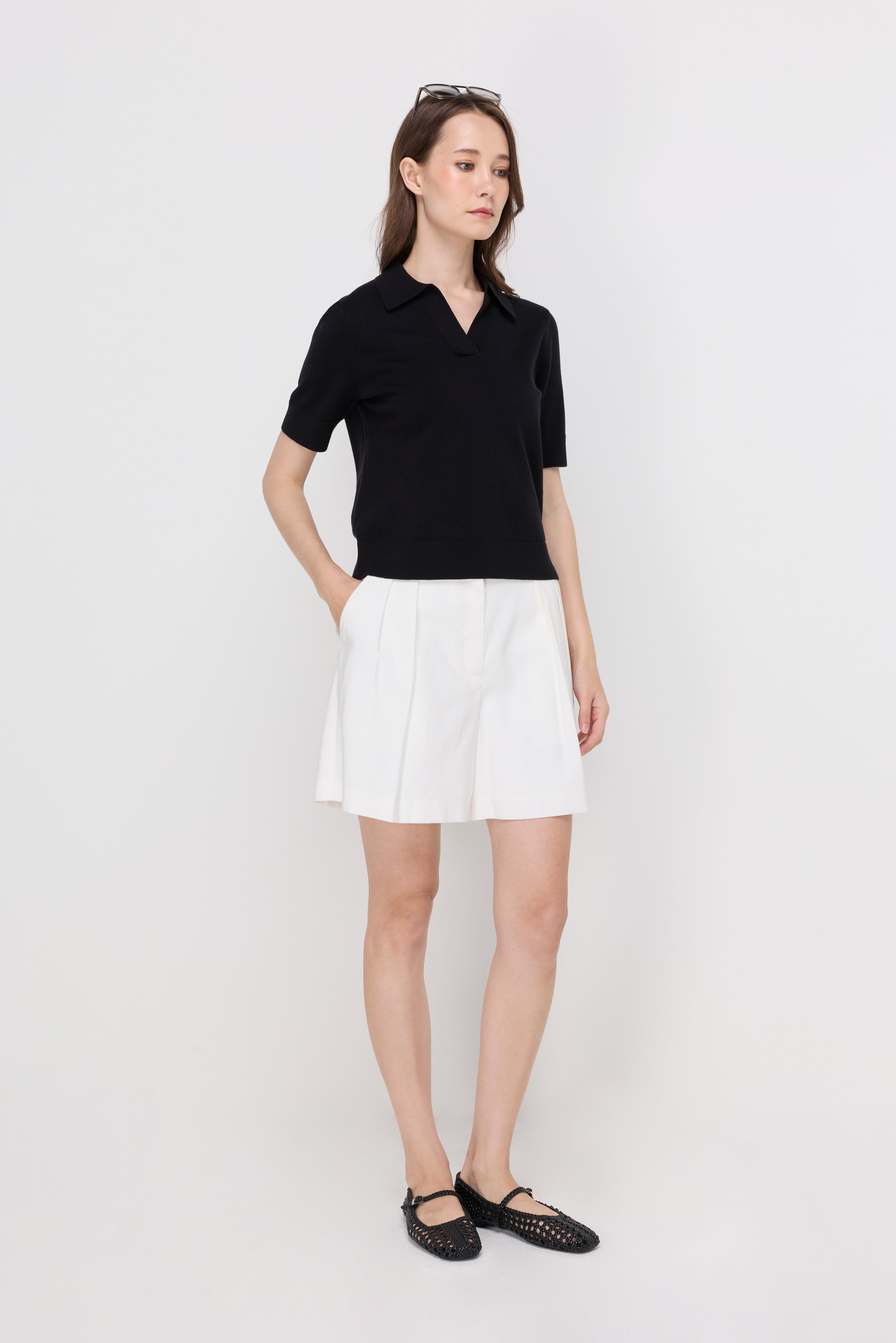 Textured Knit Polo Top Black