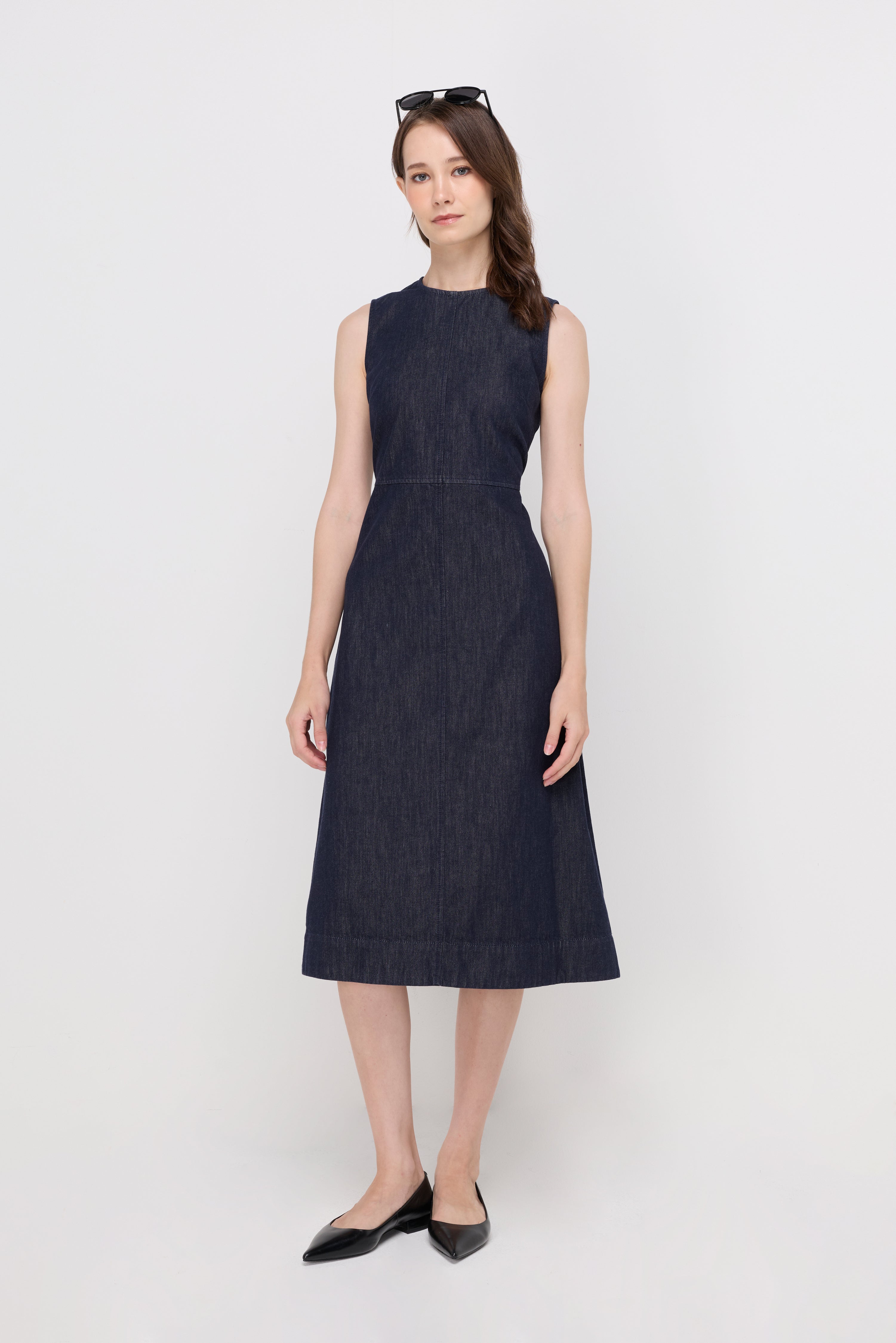 Sleeveless Denim Fit-And-Flare Dress Navy