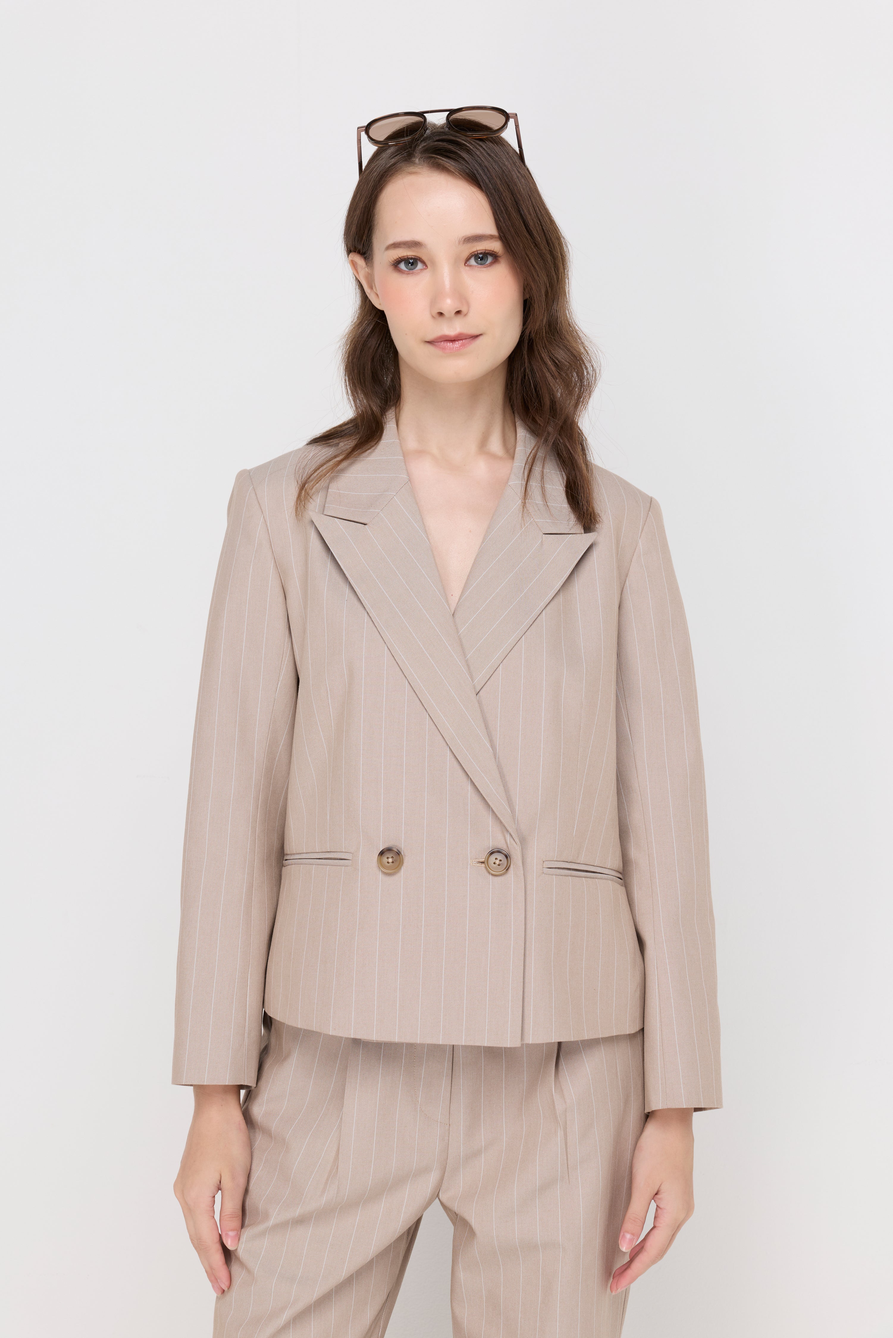Pinstripe Double-Breasted Blazer Beige