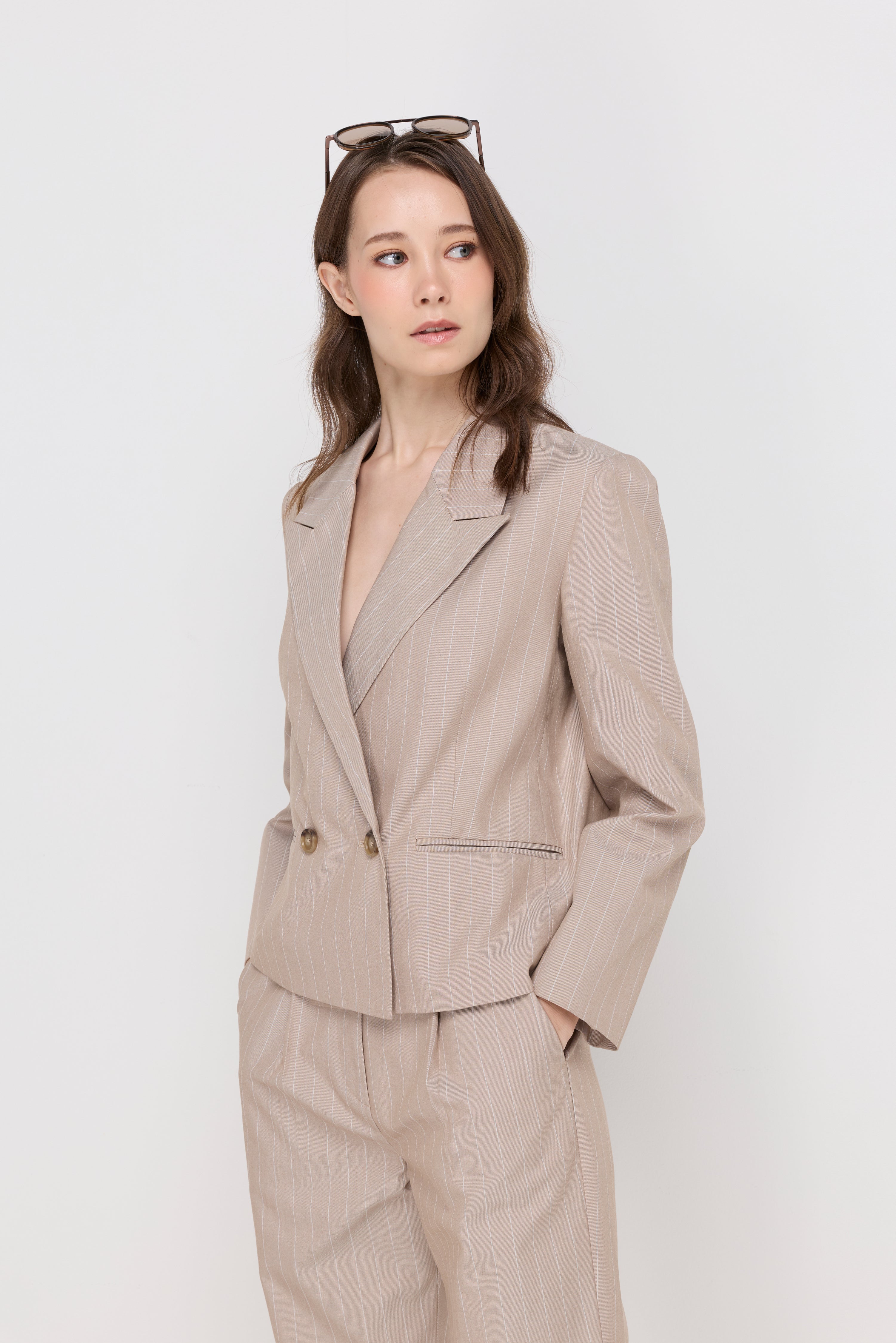 Pinstripe Double-Breasted Blazer Beige