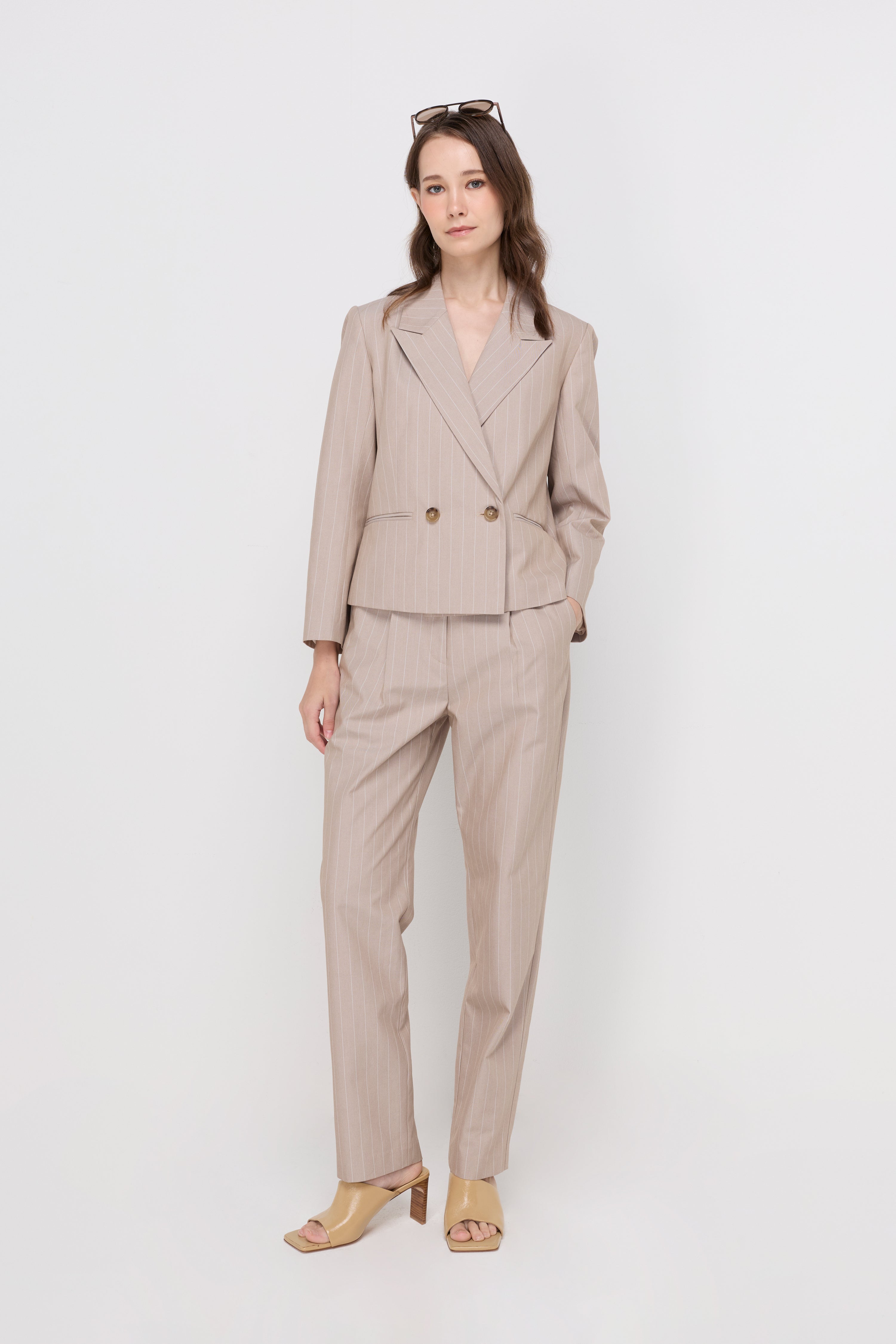 Pinstripe Double-Breasted Blazer Beige