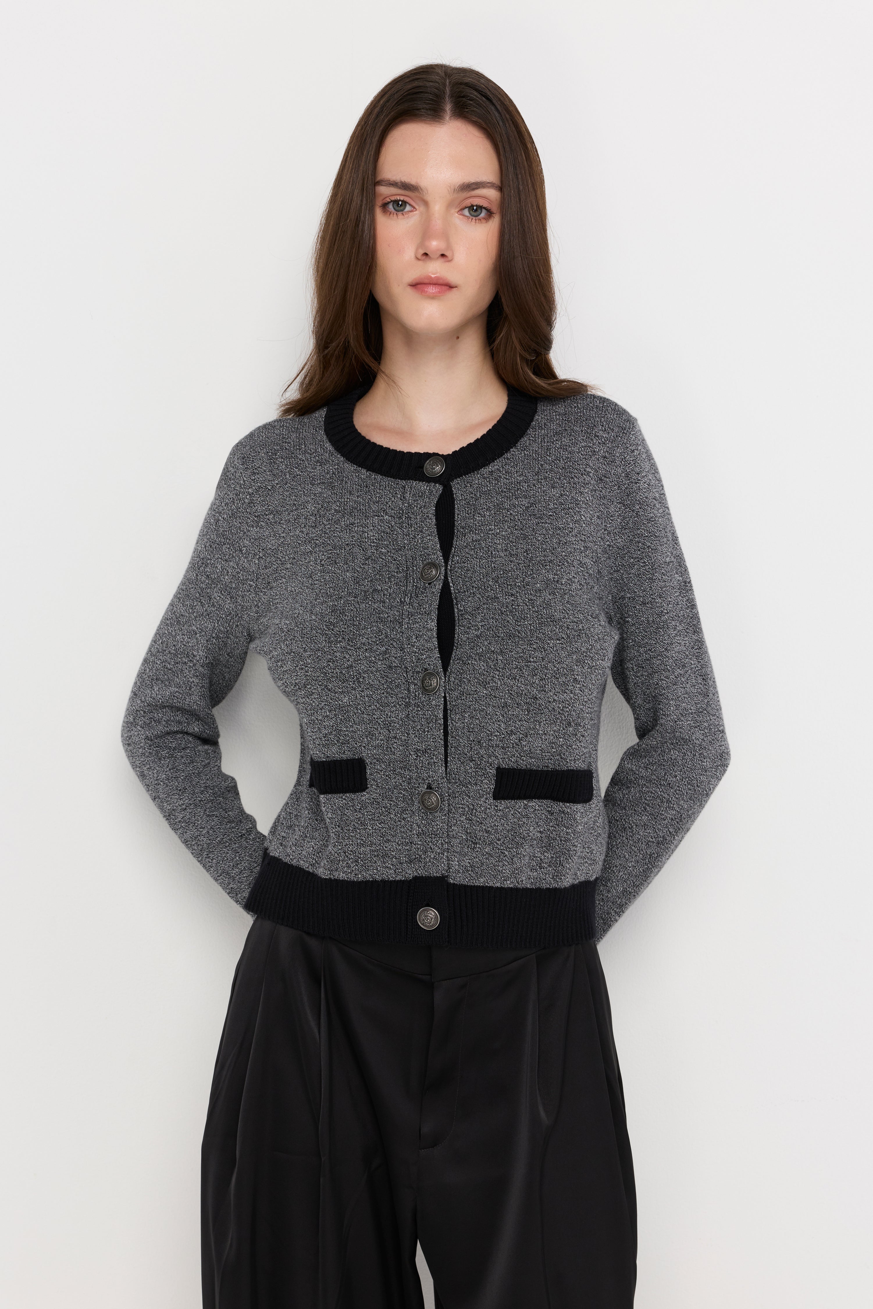 Contrast-Trim Knit Cardigan Grey