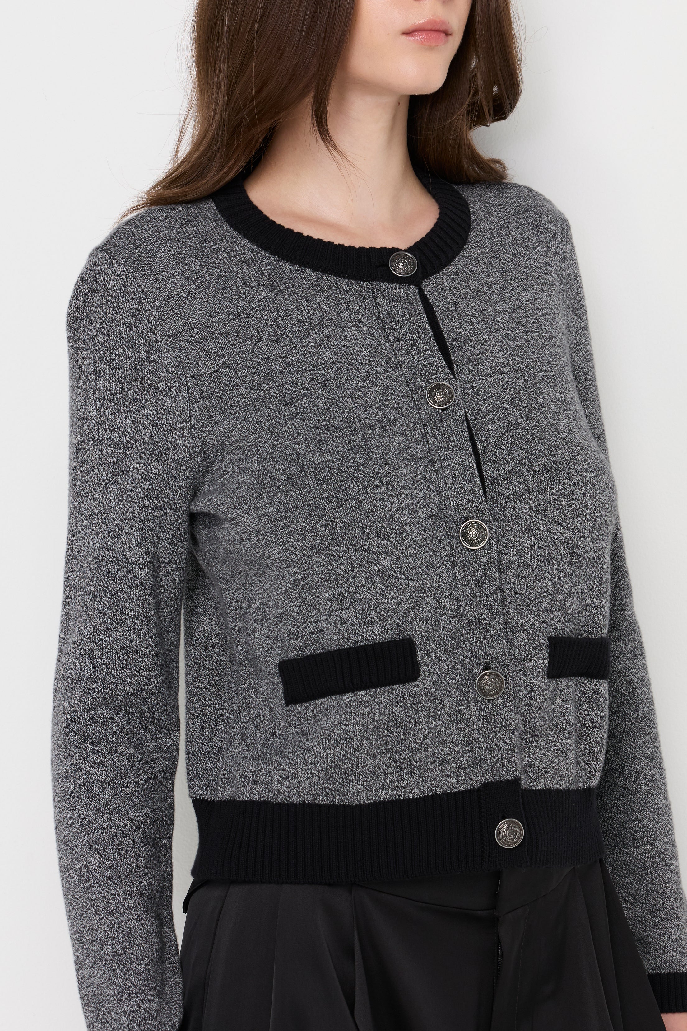 Contrast-Trim Knit Cardigan Grey