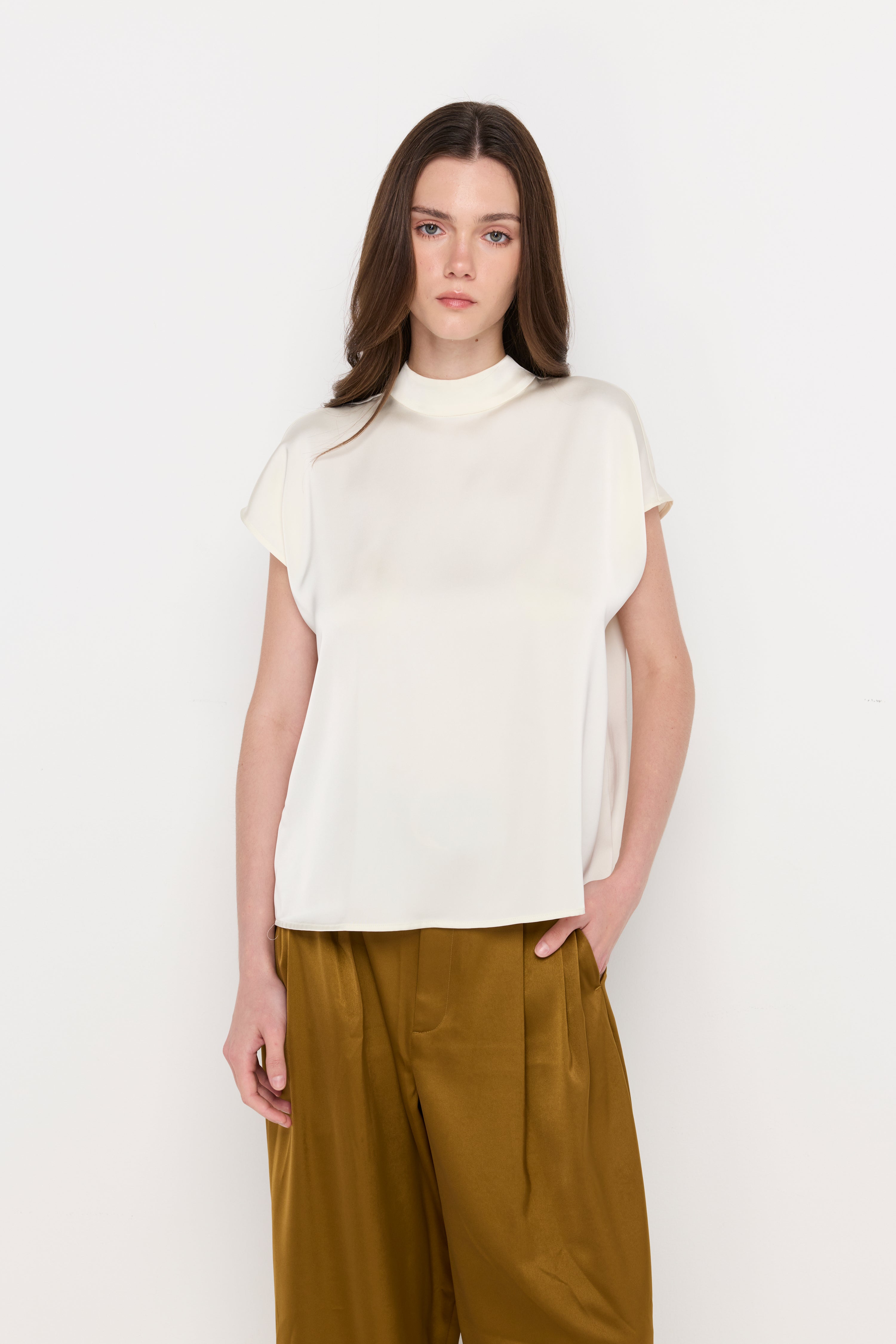 Mock Neck Cap Sleeve Top Off-White