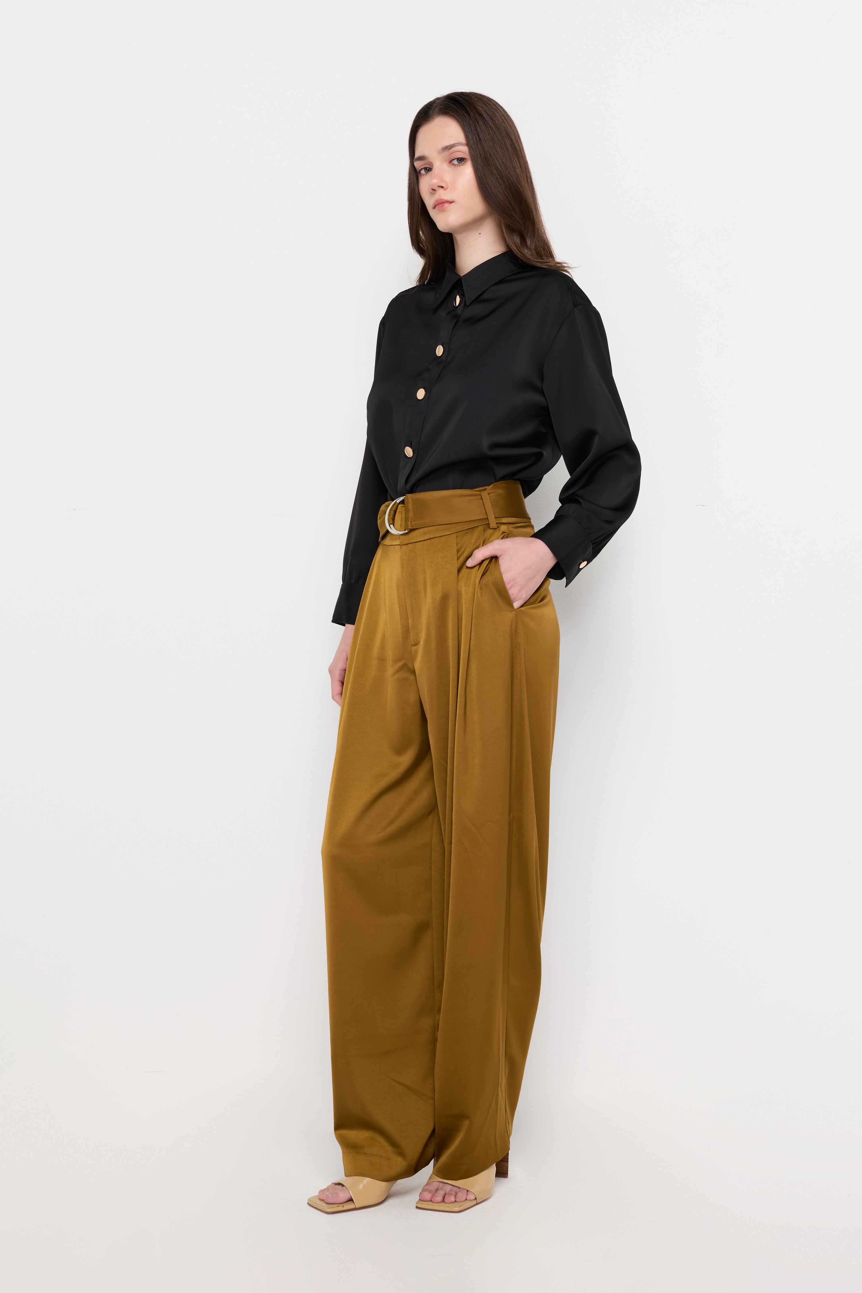 Satin Button-Front Shirt Black