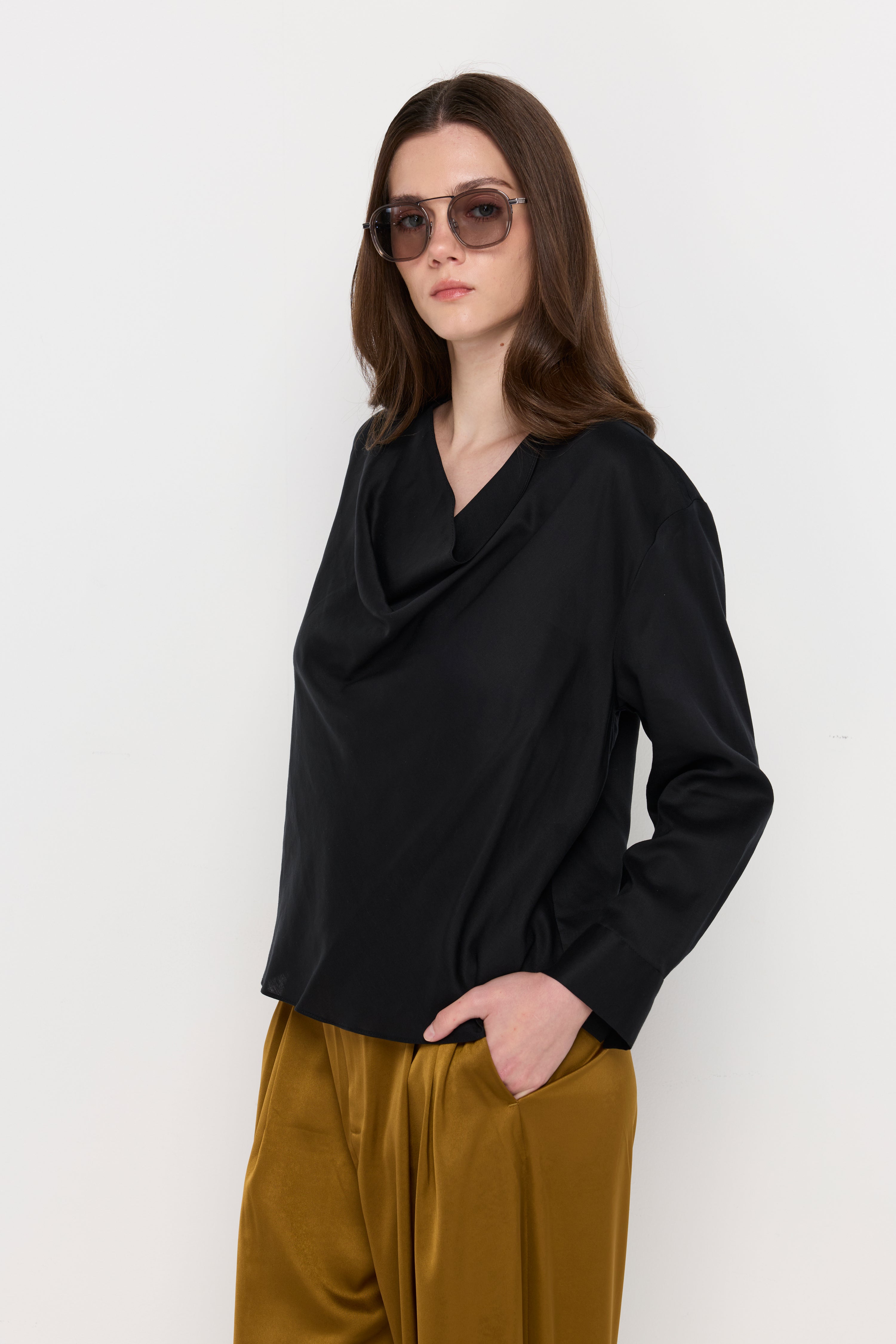Draped Cowl Neck Blouse Black
