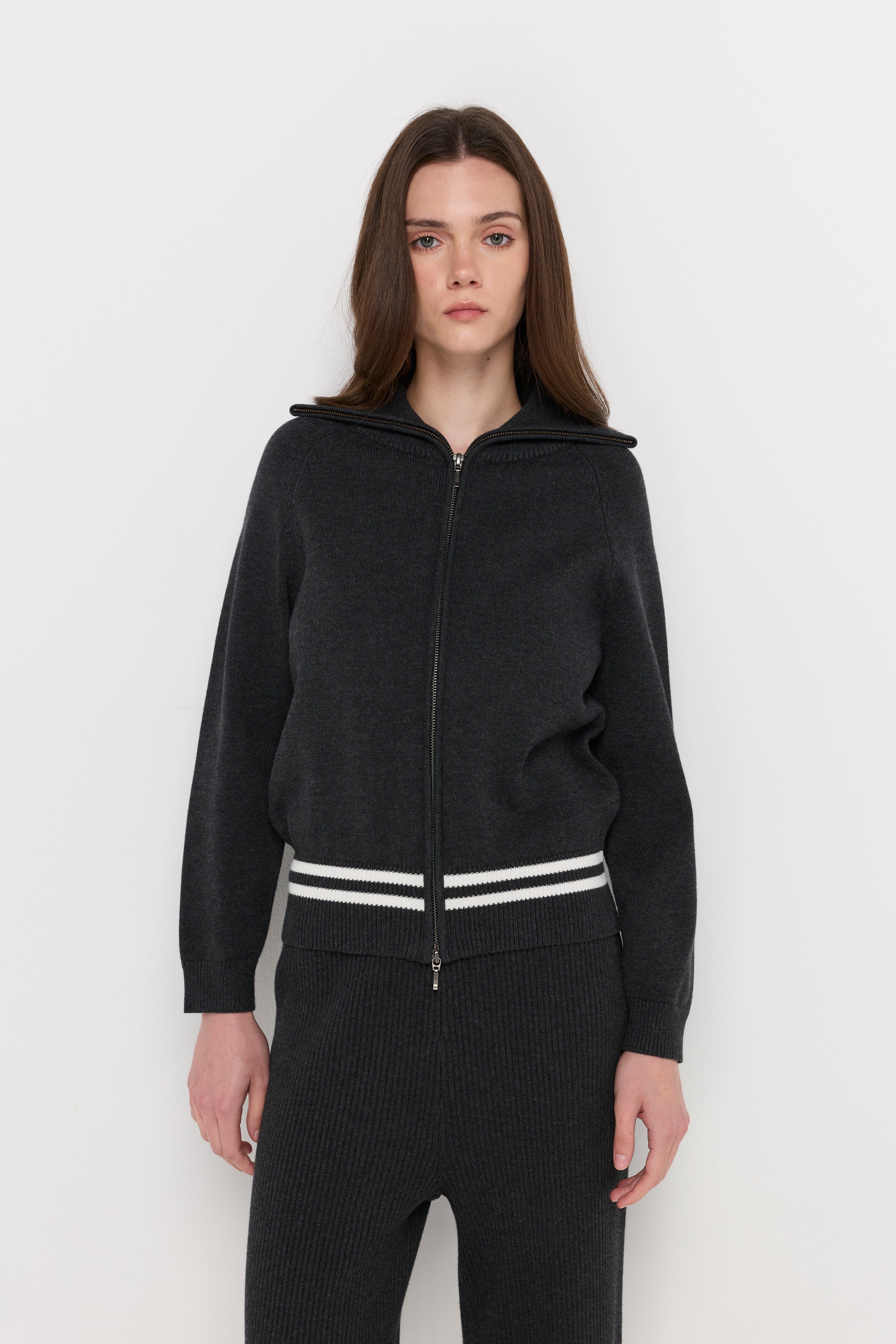Ribbed Knit Zip-Up Hooded Cardigan Top Dyed Grey