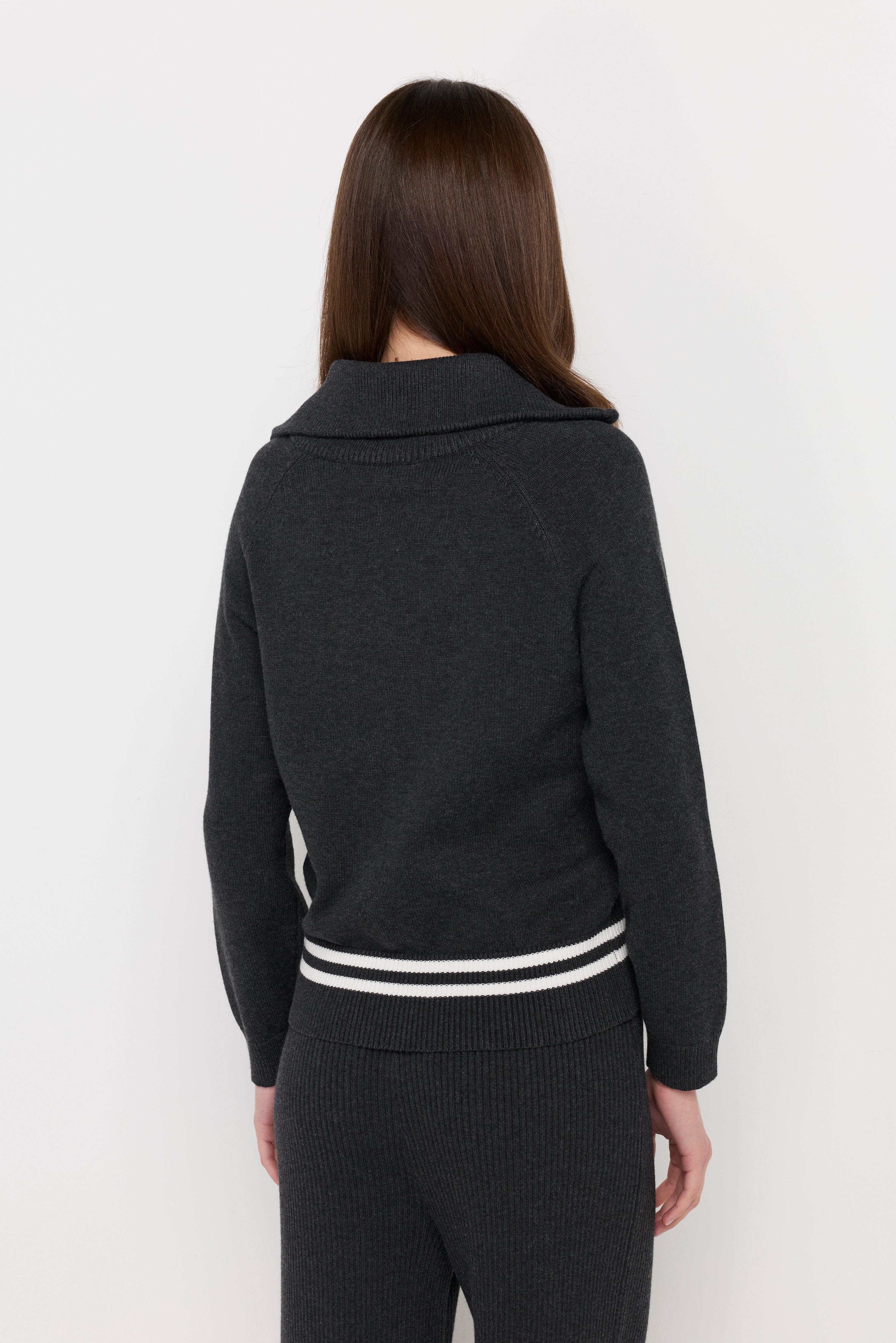 Ribbed Knit Zip-Up Hooded Cardigan Top Dyed Grey
