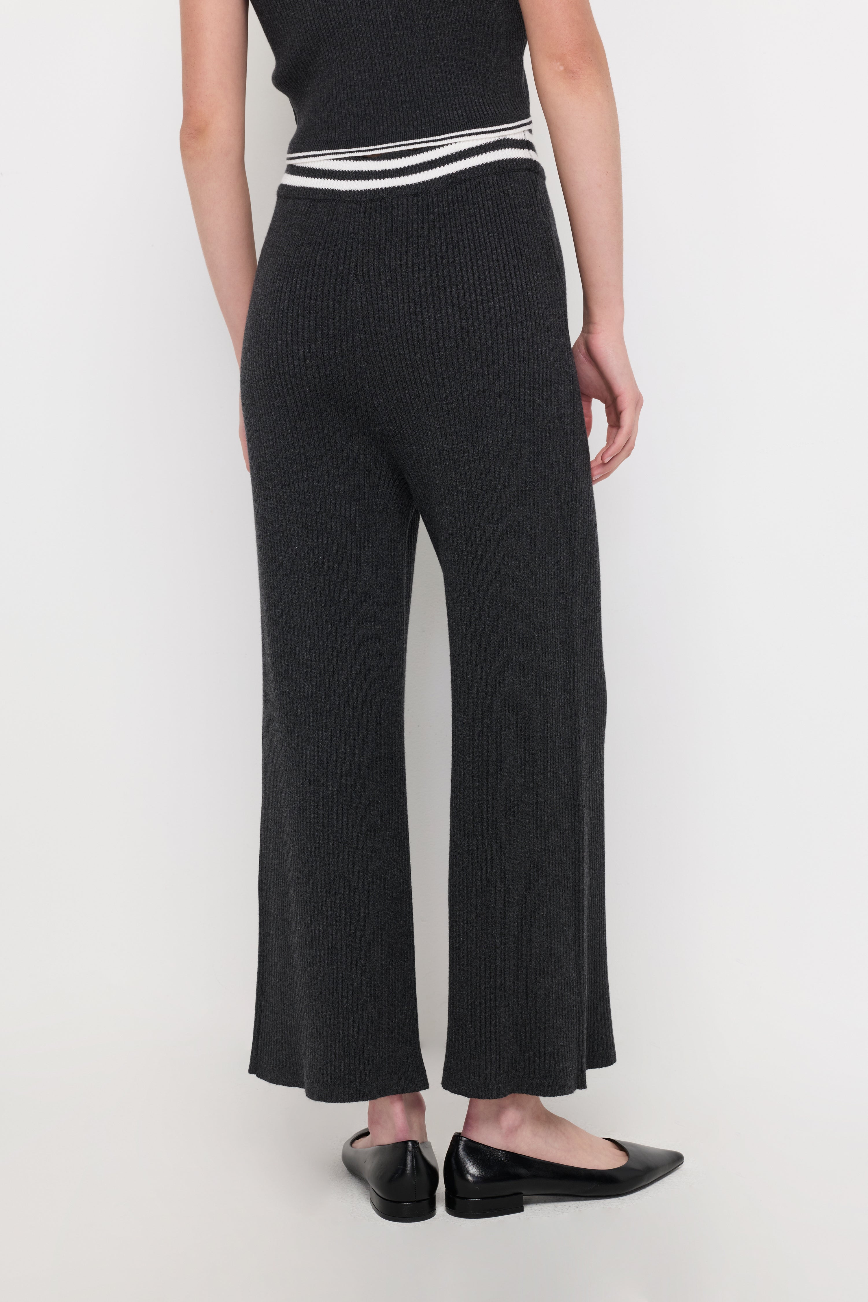 Contrast Waist Knit Wide-Leg Pants Top Dyed Grey
