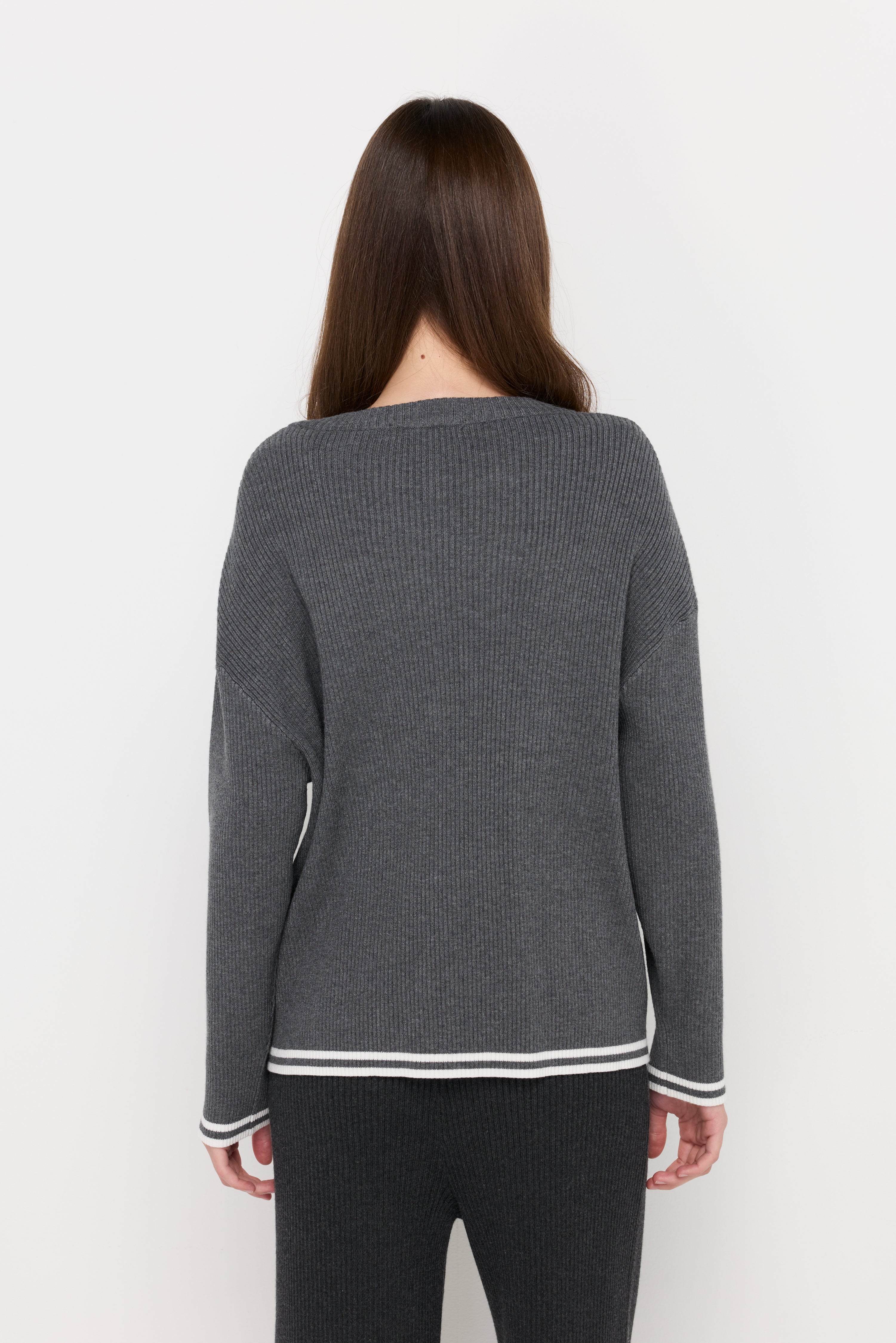 Contrast Trim Knit Cardigan Top Dyed Grey