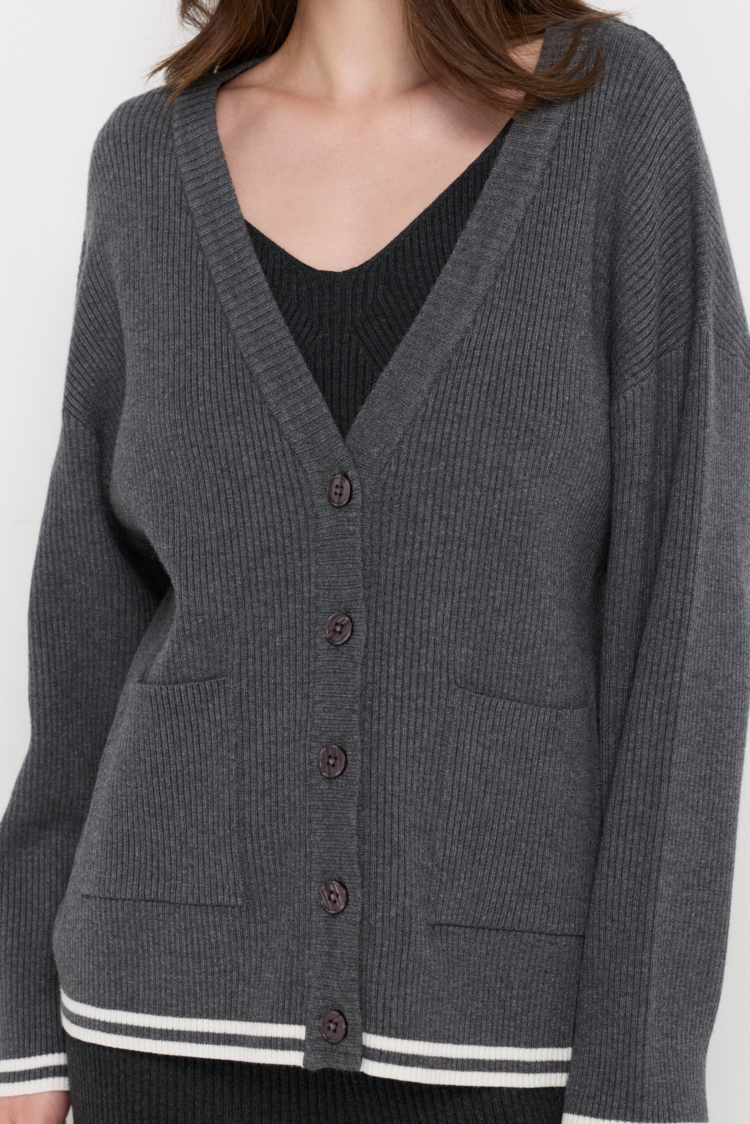 Contrast Trim Knit Cardigan Top Dyed Grey