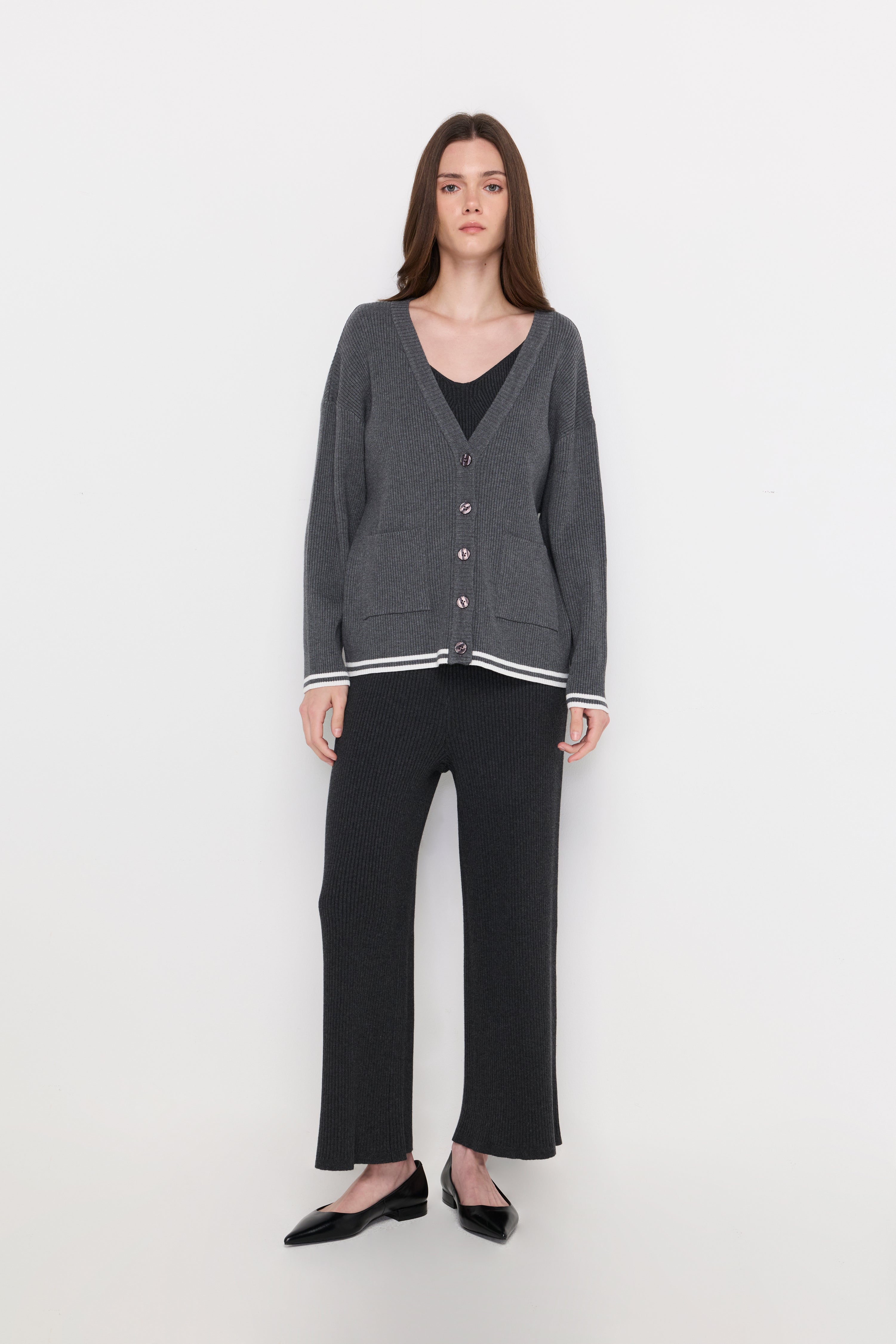 Contrast Trim Knit Cardigan Top Dyed Grey