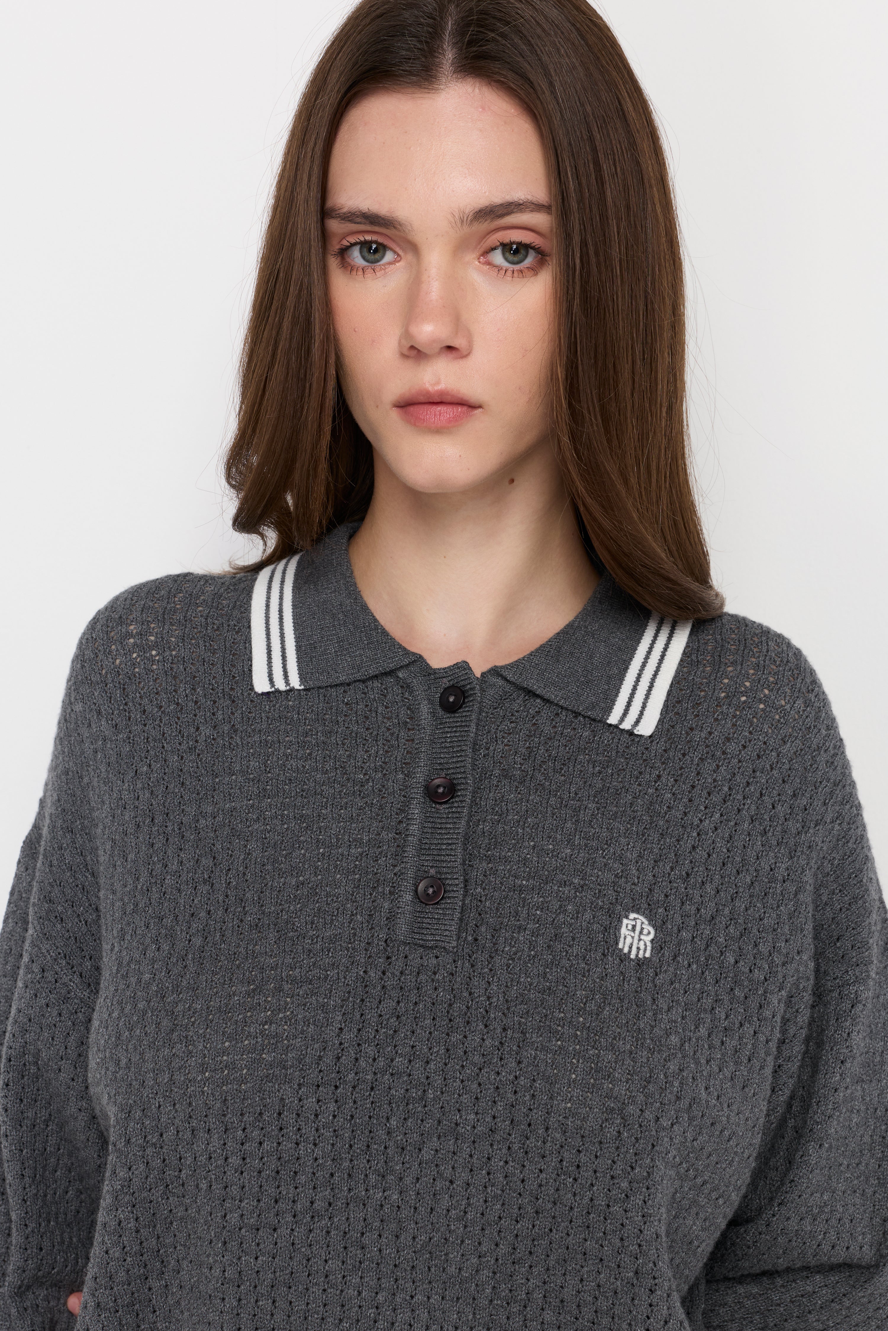 Textured Knit Polo Sweater Top Dyed Grey