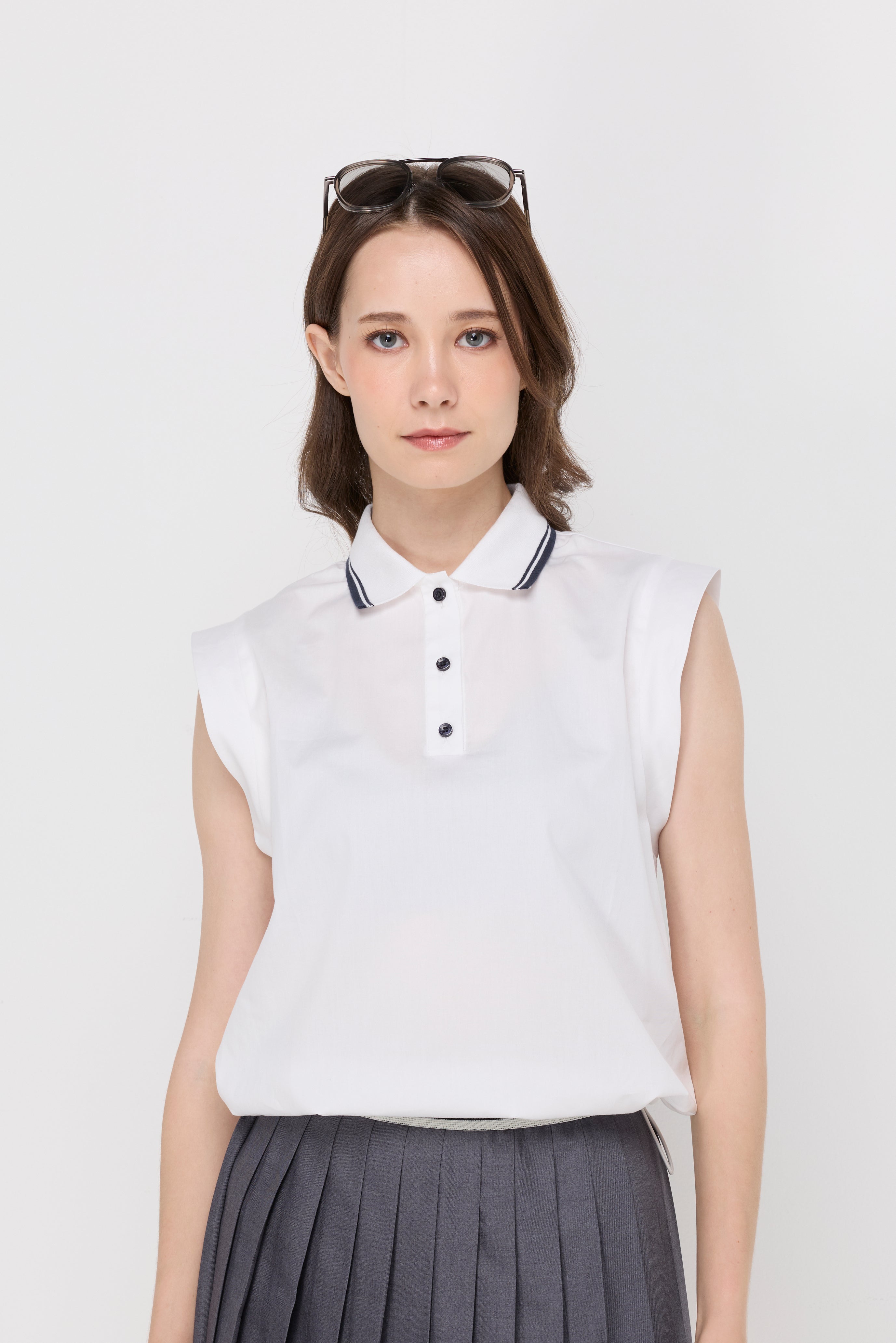 Contrast Trim Sleeveless Polo Top White