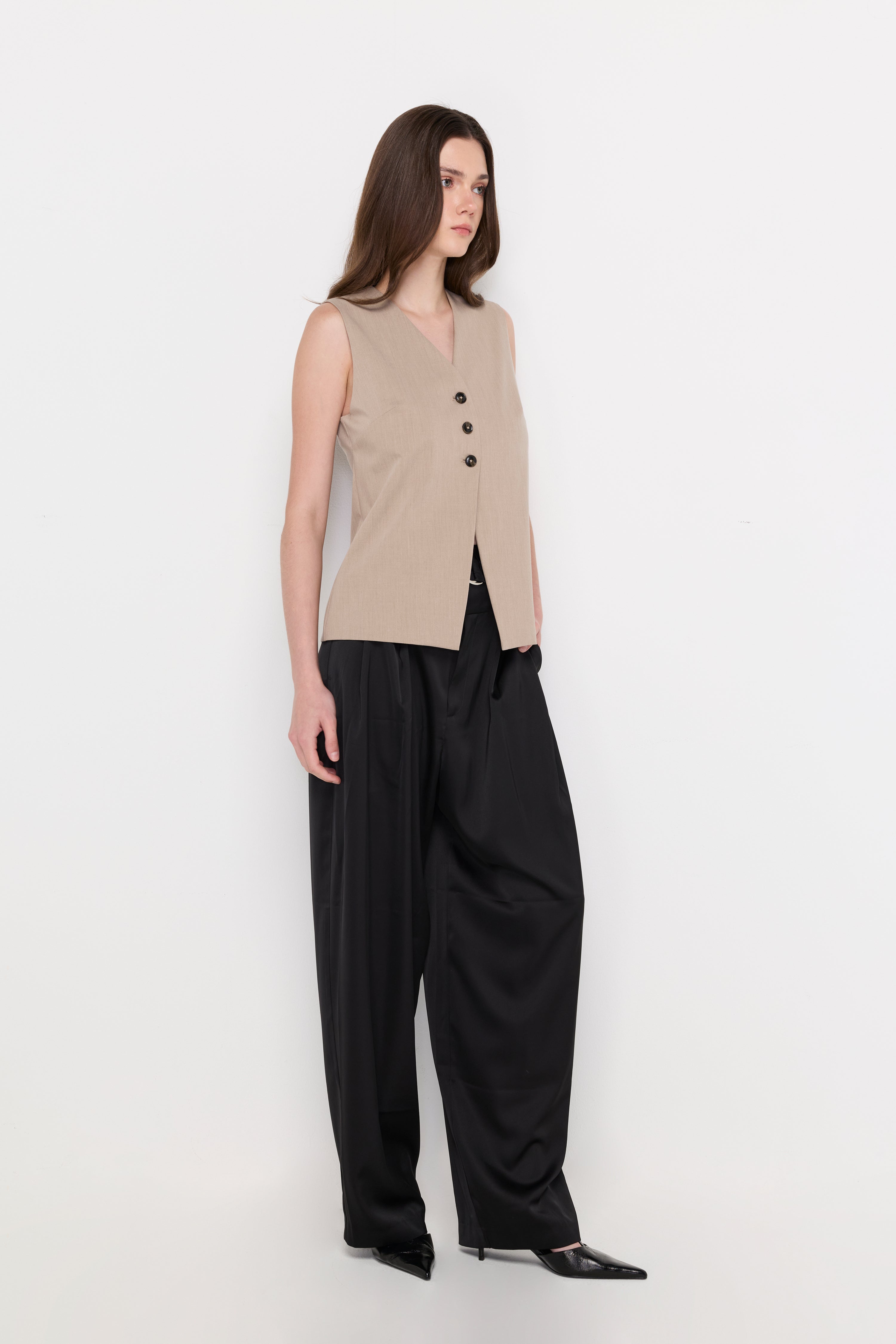 Tailored Button-Front Vest Top Brown