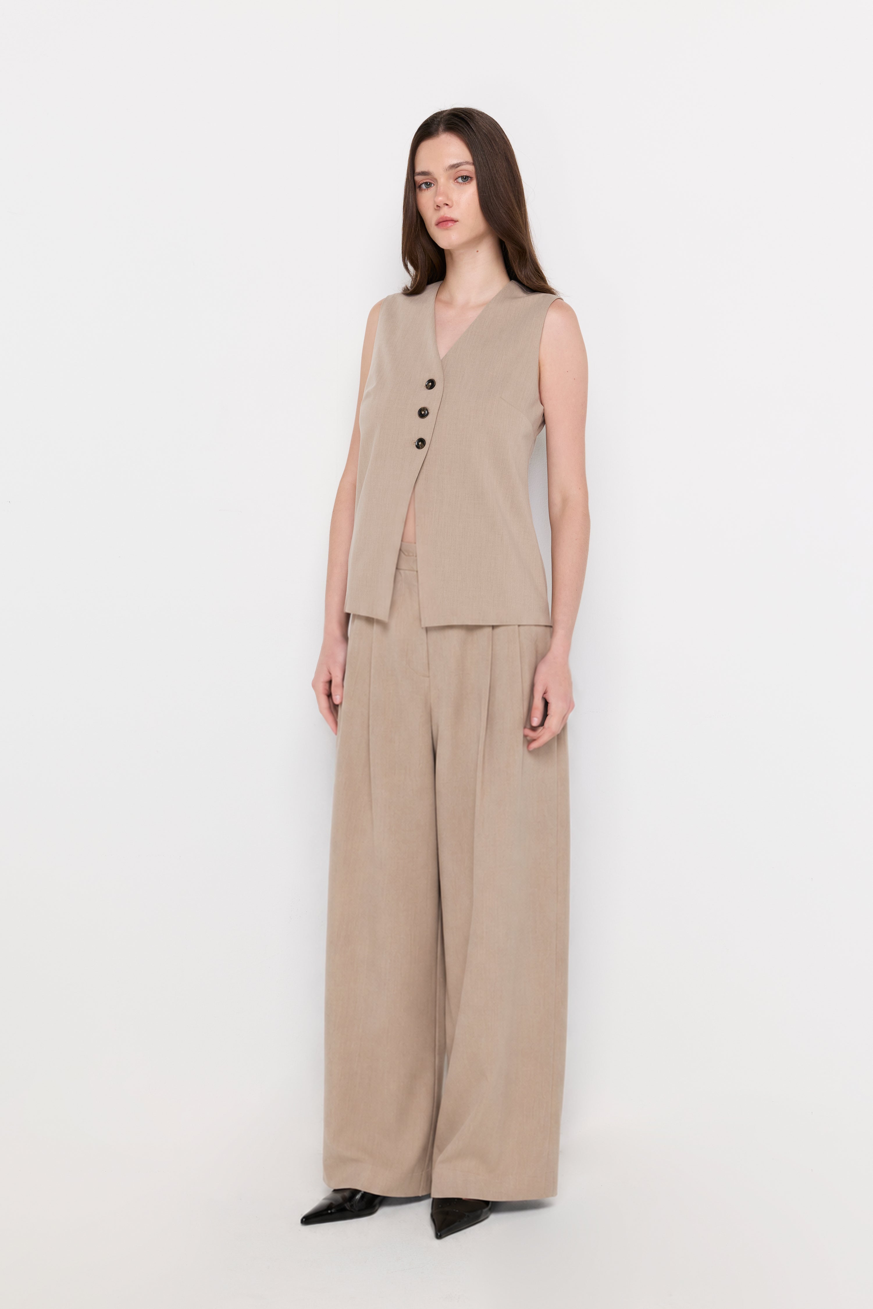 Textured Wide-Leg Tailored Trousers Brown