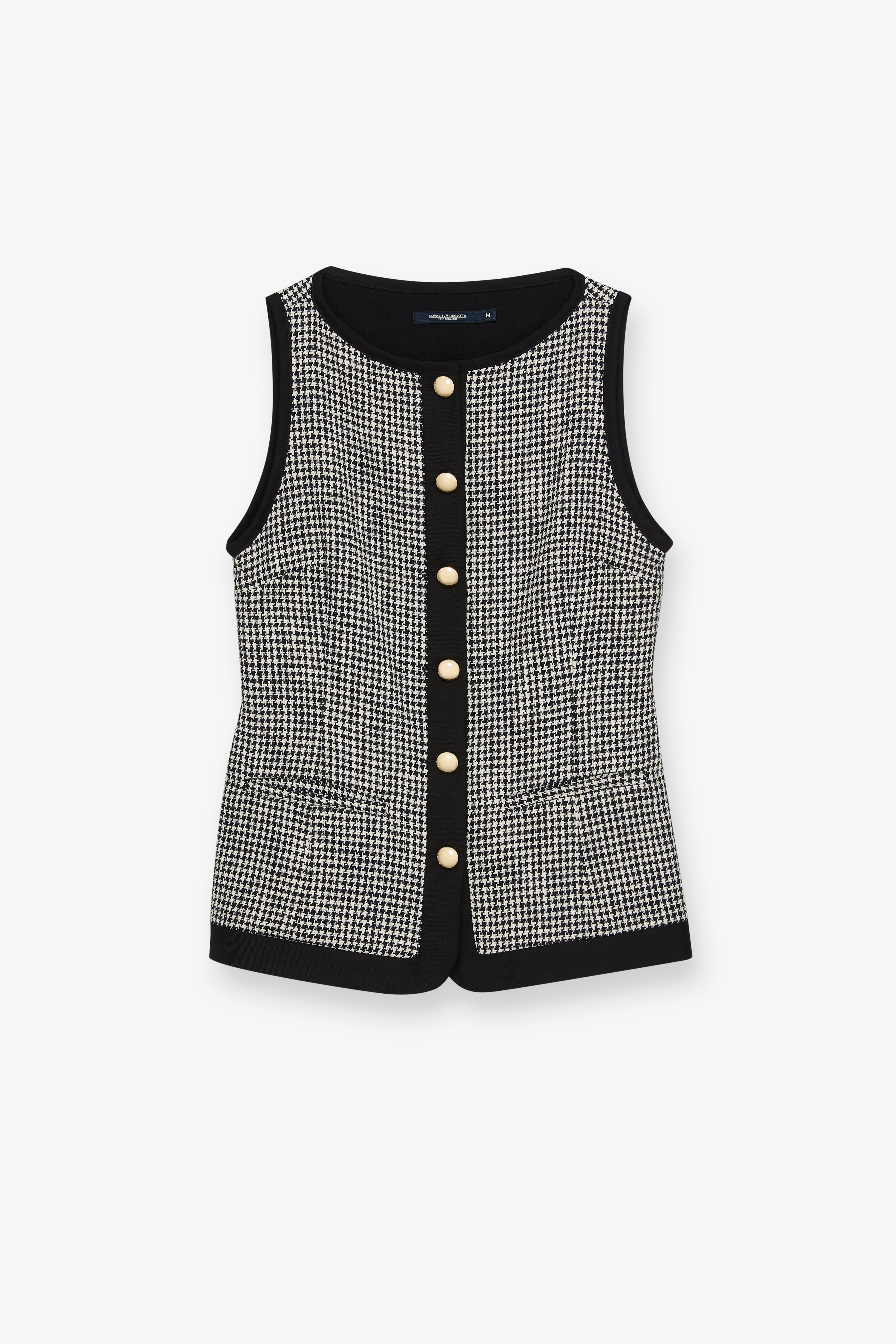 Houndstooth Contrast-Trim Vest Top Check Black