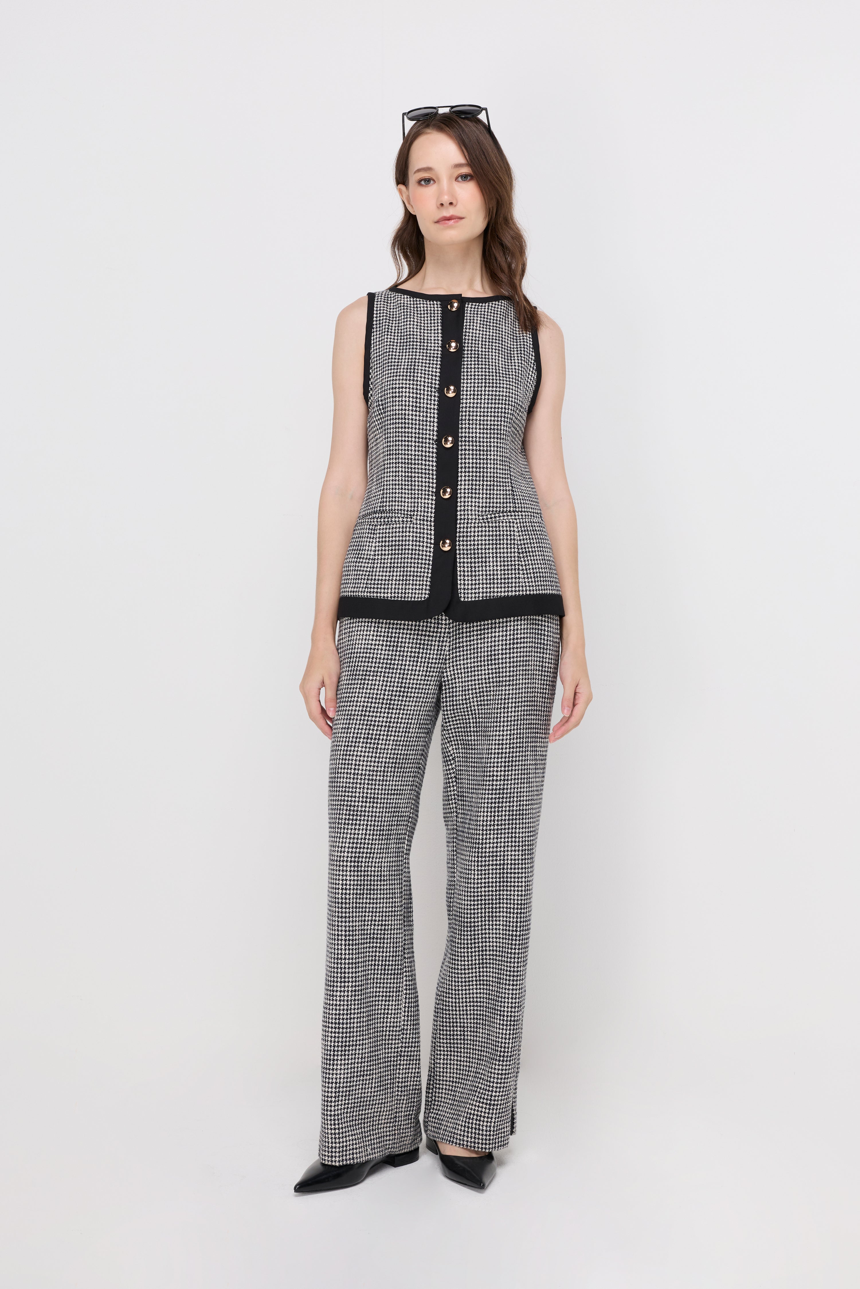 Houndstooth Contrast-Trim Vest Top Check Black