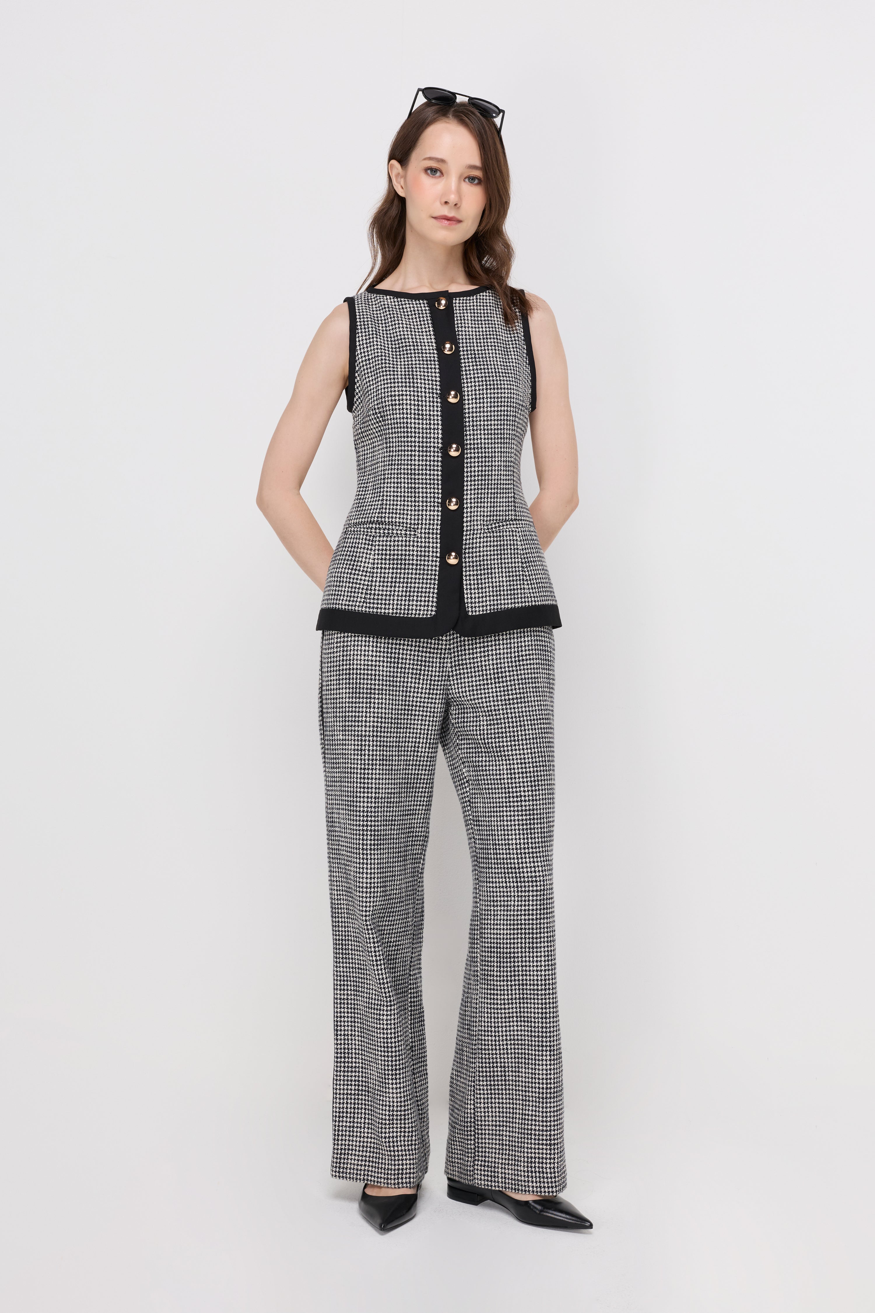 Houndstooth Wide-Leg Tailored Trousers Check Black