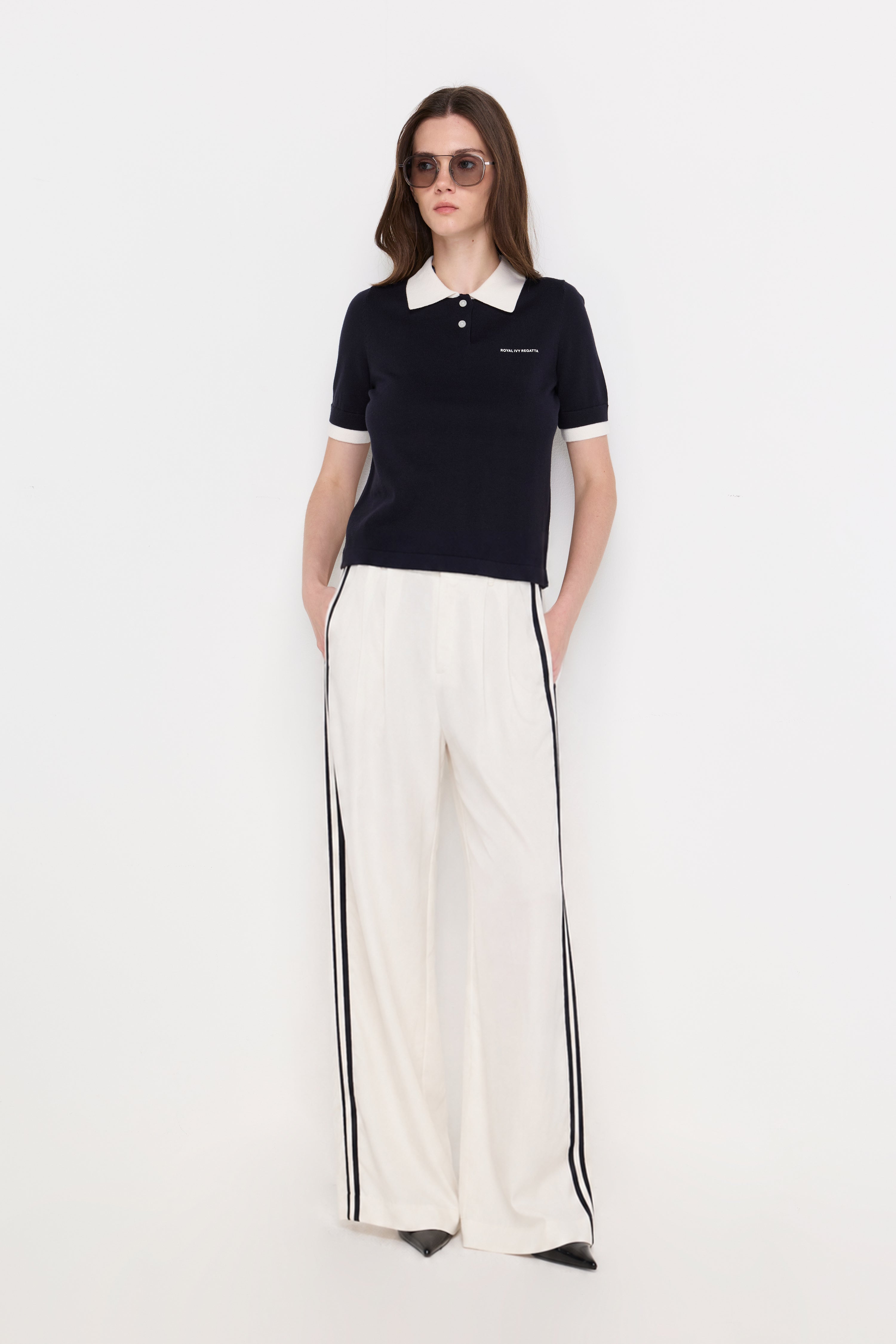 Contrast Side Stripe Wide-Leg Trousers Cream
