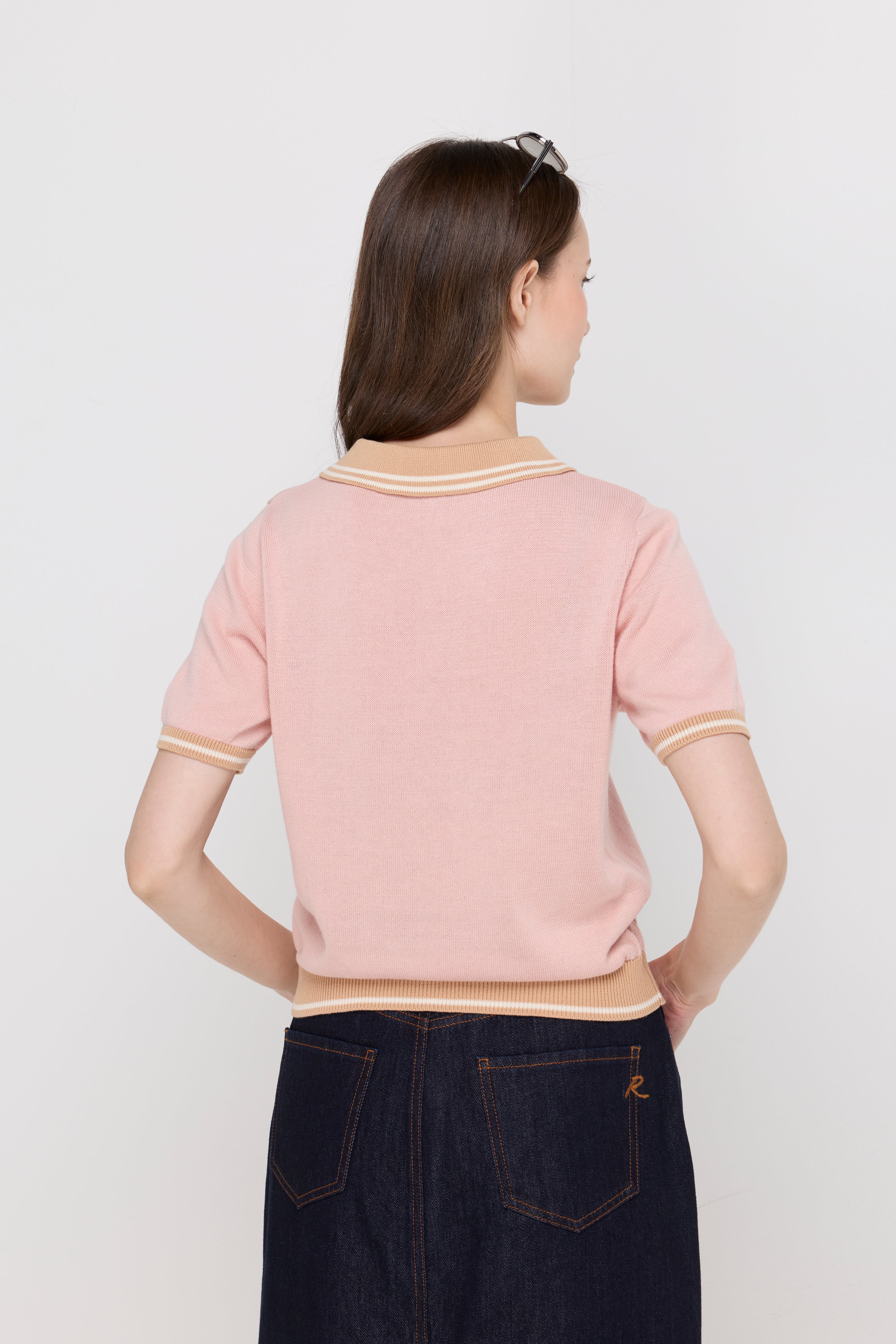 Contrast Trim Knit Polo Top Pink