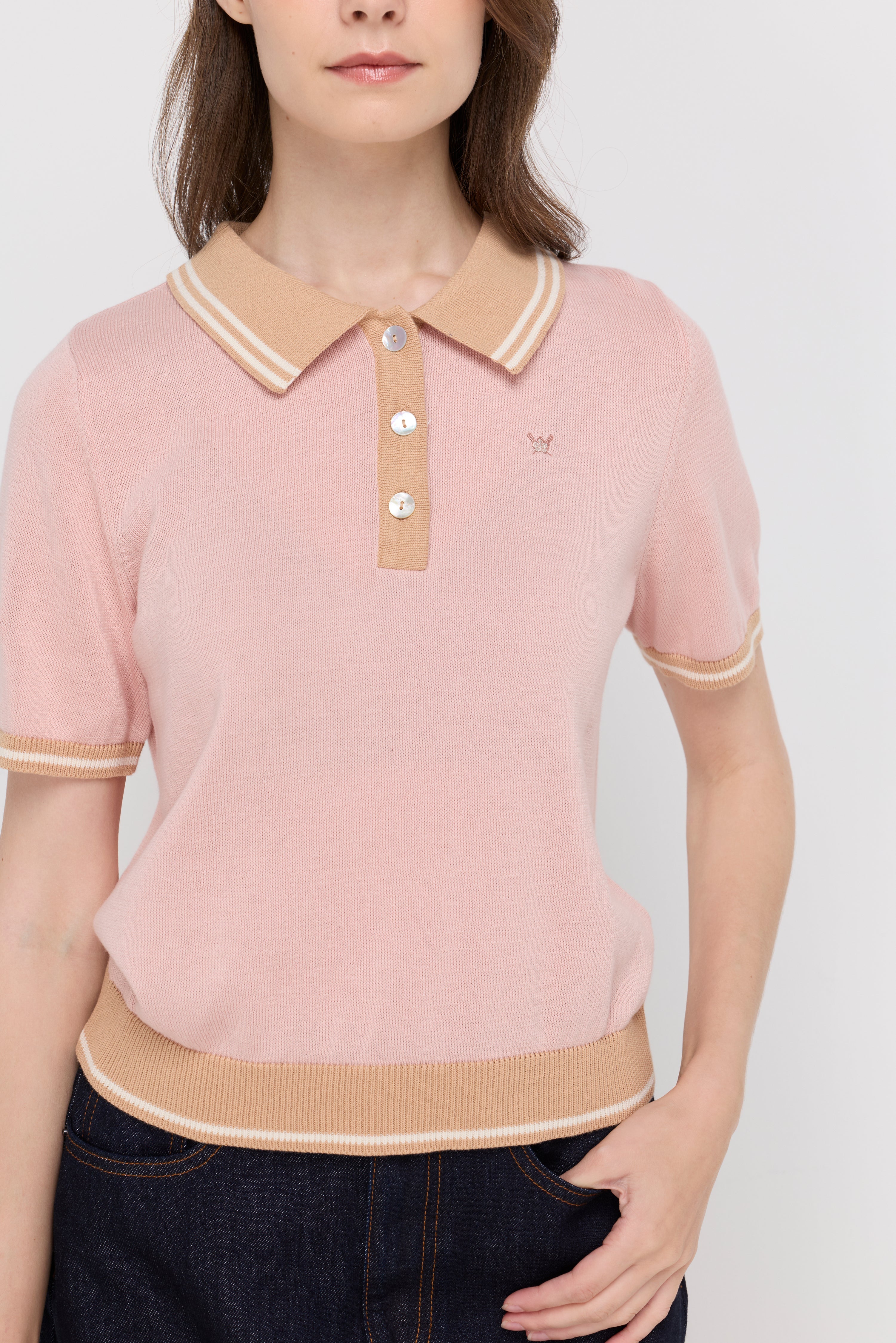 Contrast Trim Knit Polo Top Pink