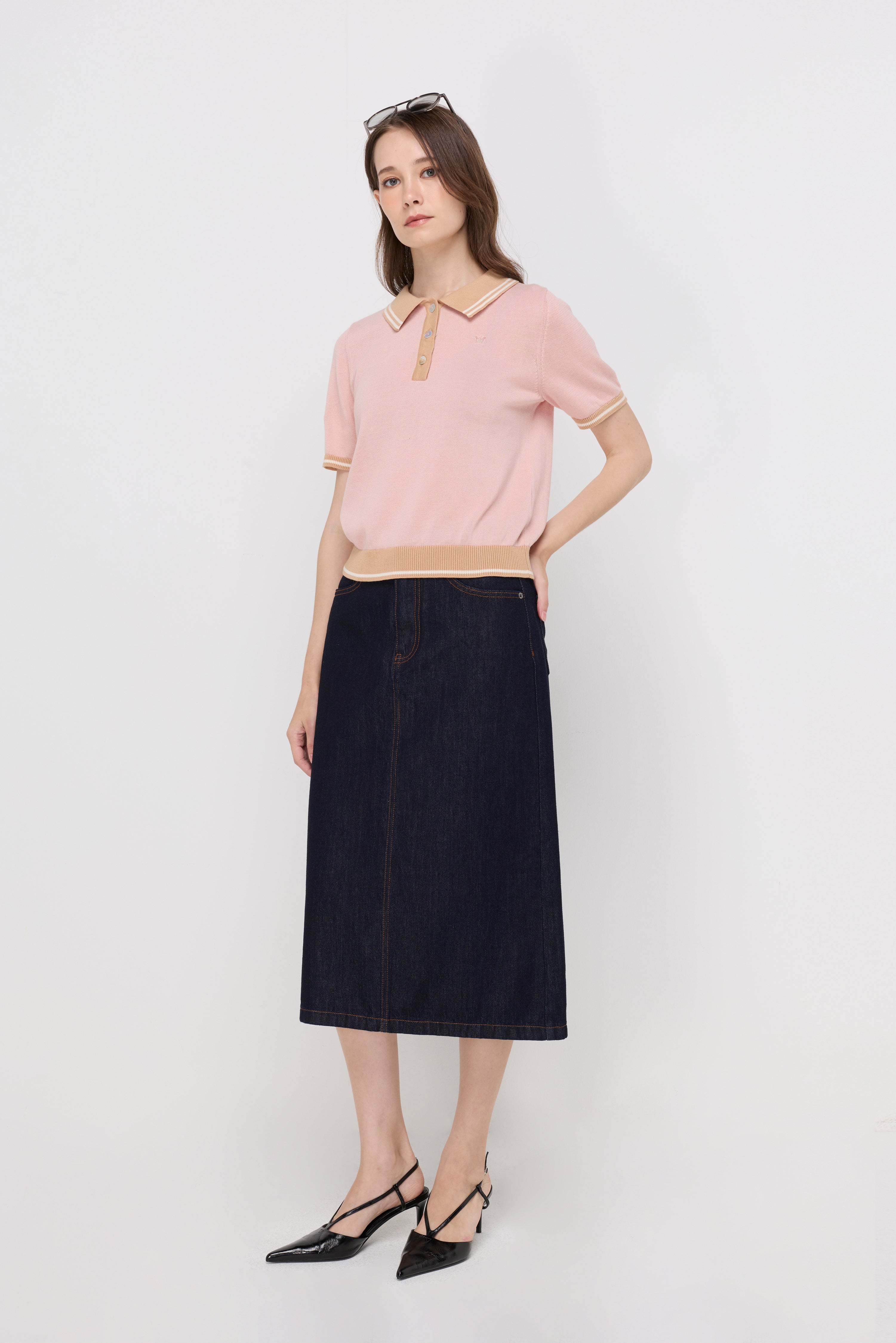 Contrast Trim Knit Polo Top Pink