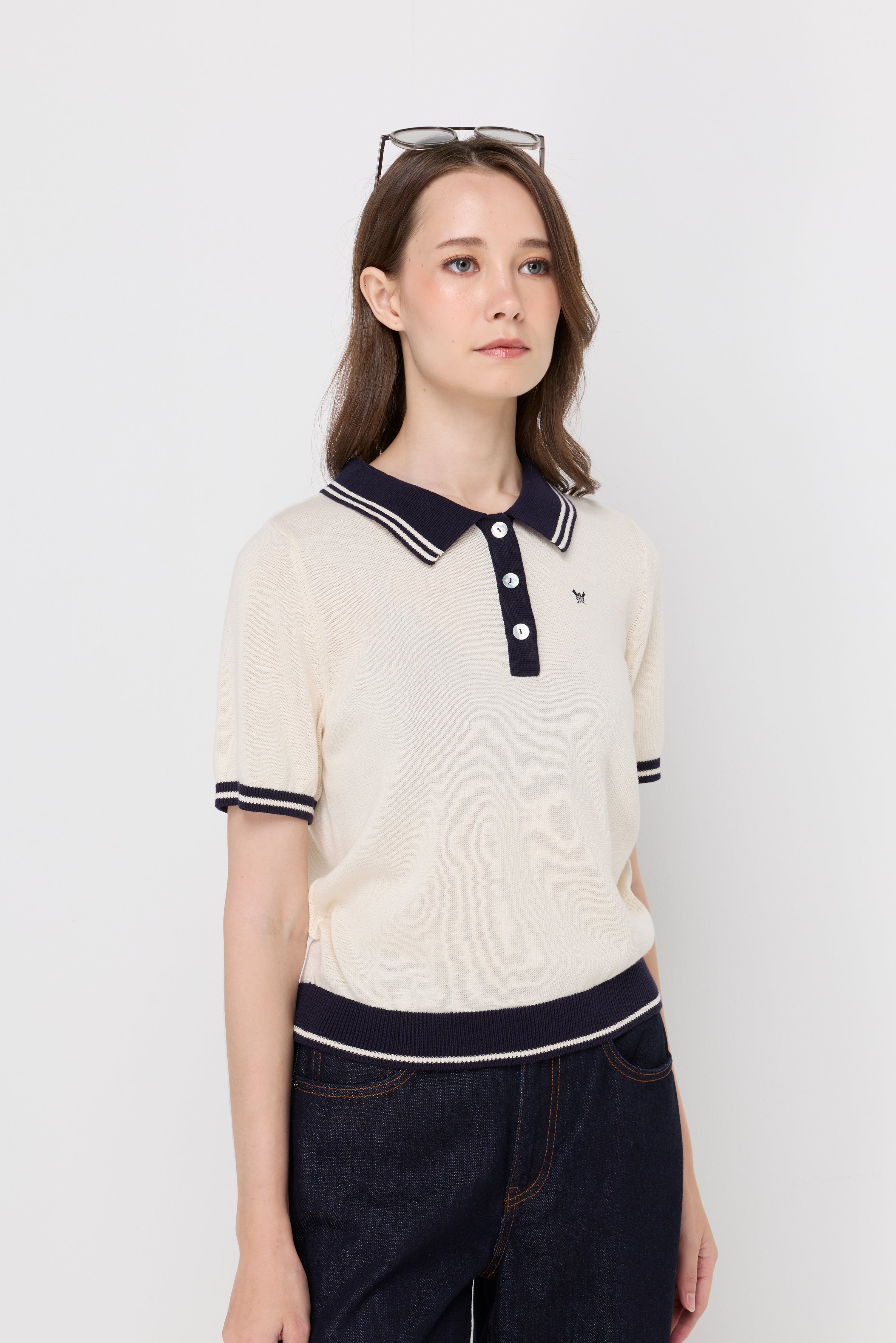 Contrast Trim Knit Polo Top Off-White