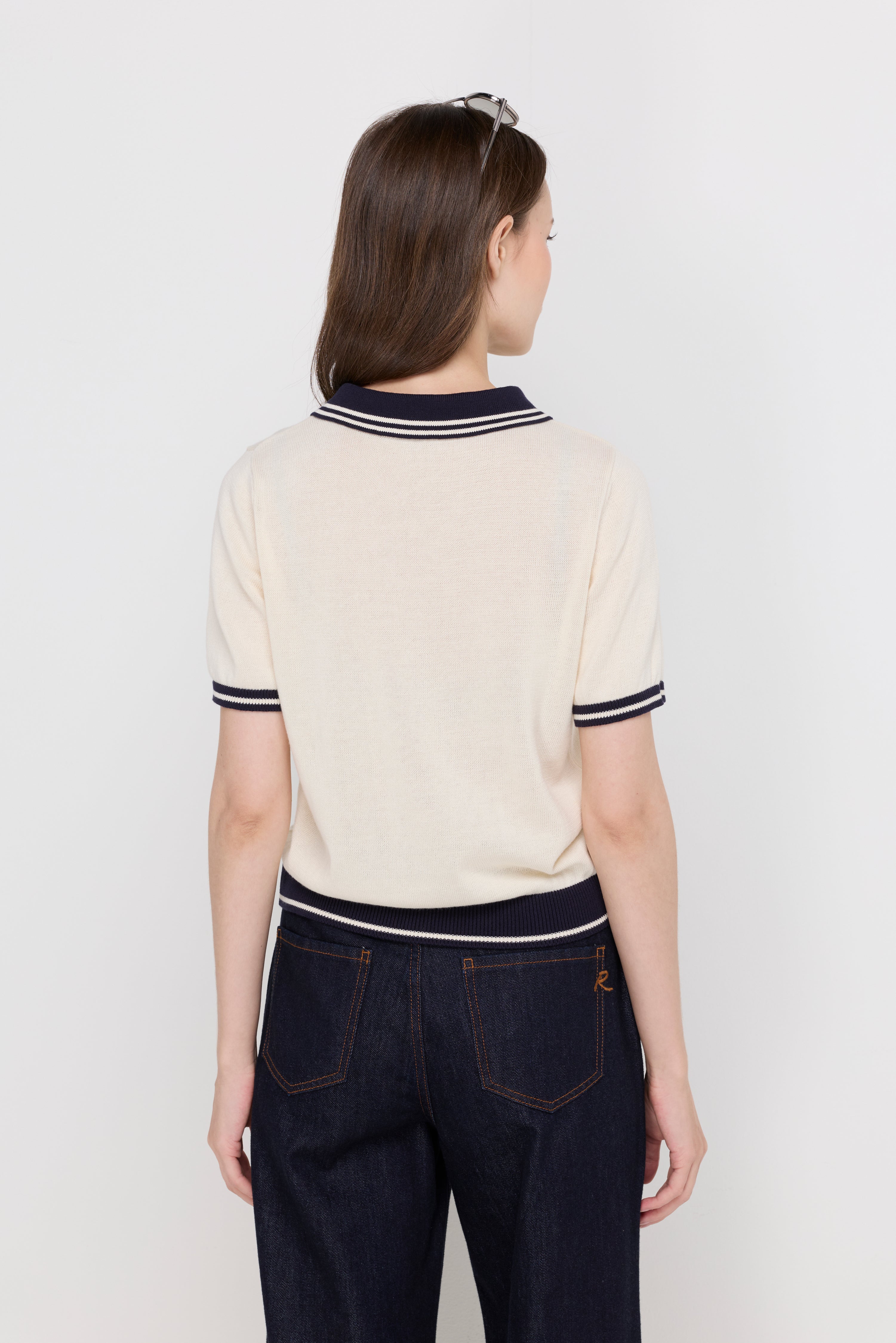 Contrast Trim Knit Polo Top Off-White