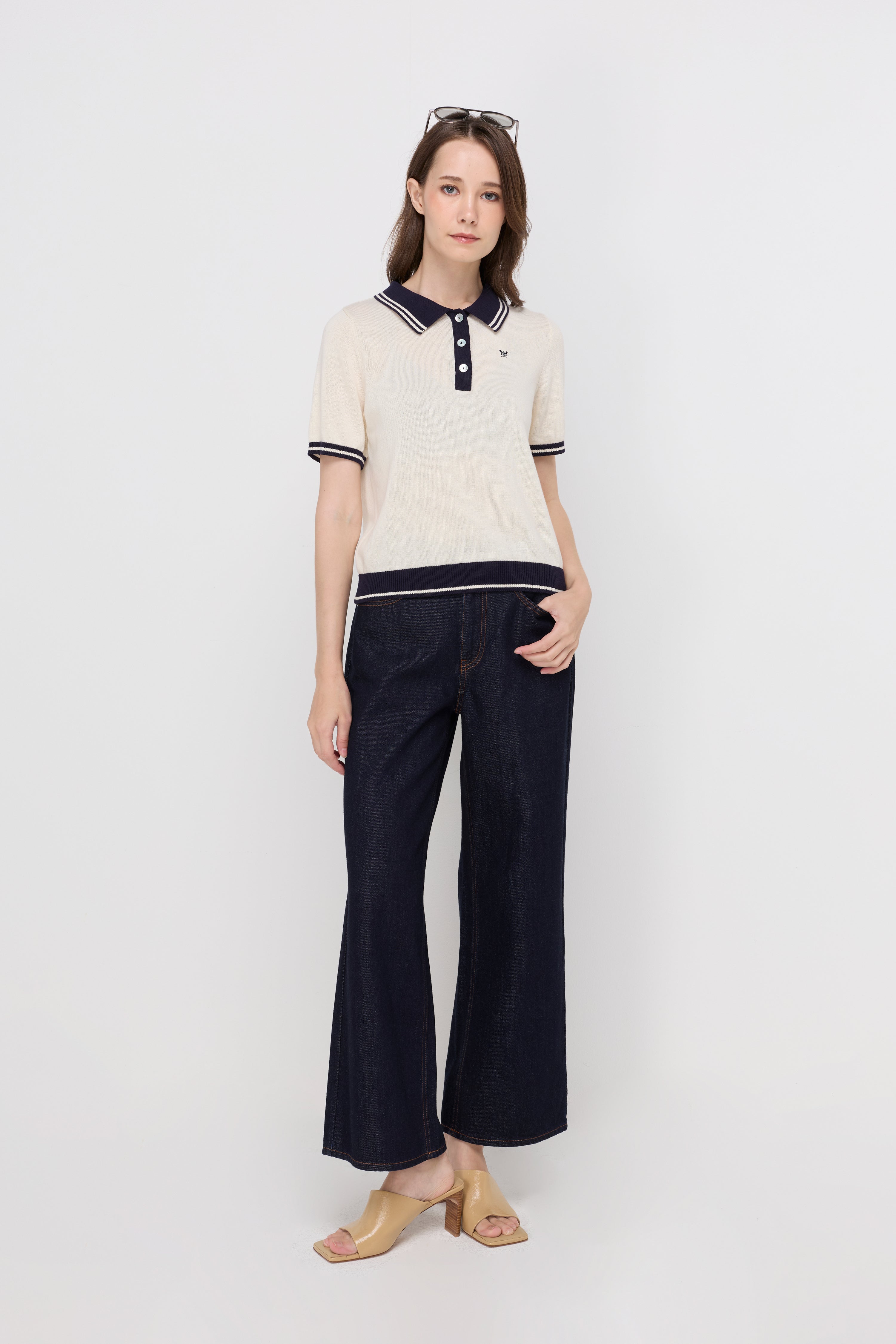 Contrast Trim Knit Polo Top Off-White