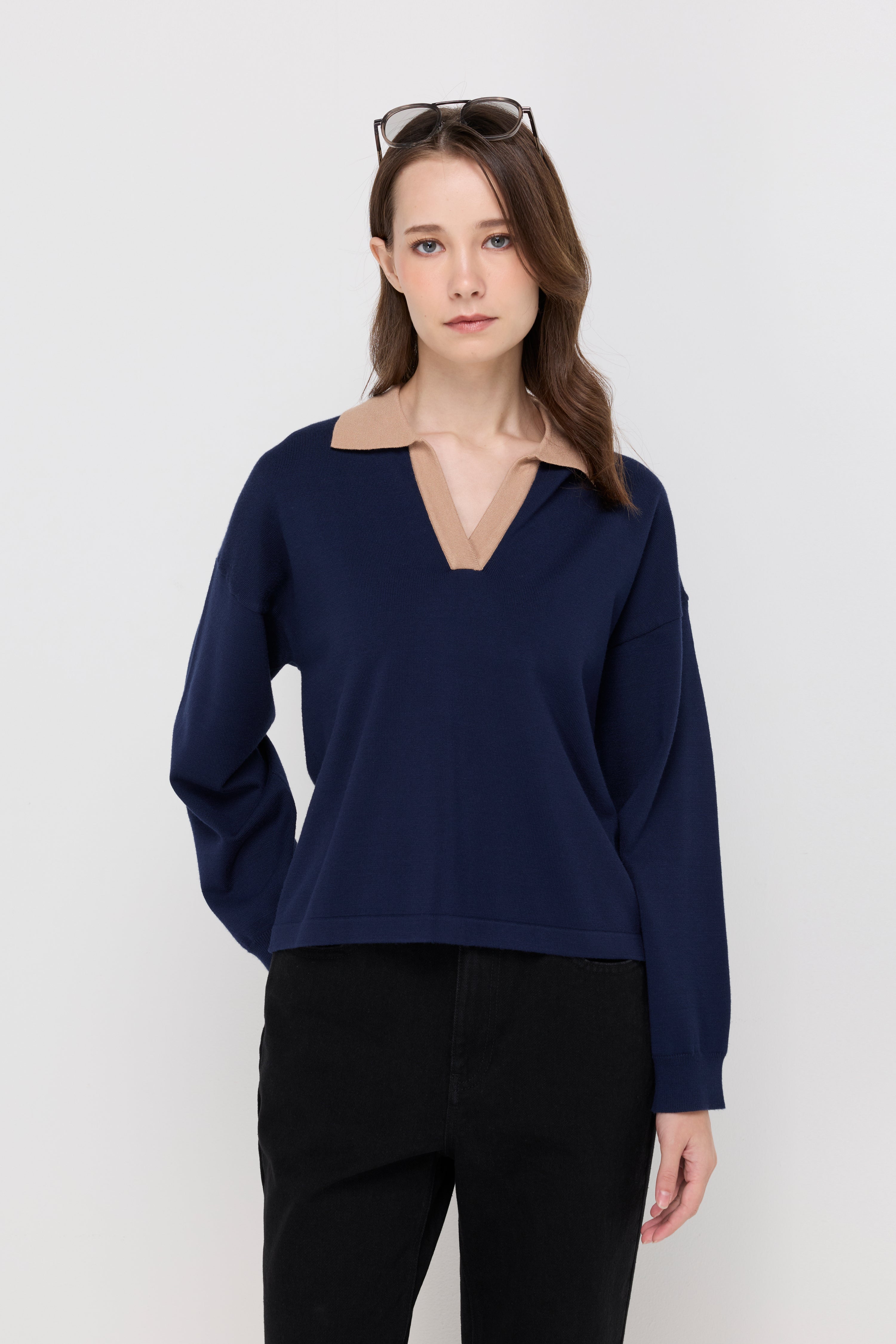 Contrast Trim Long Sleeve Polo Sweater Navy