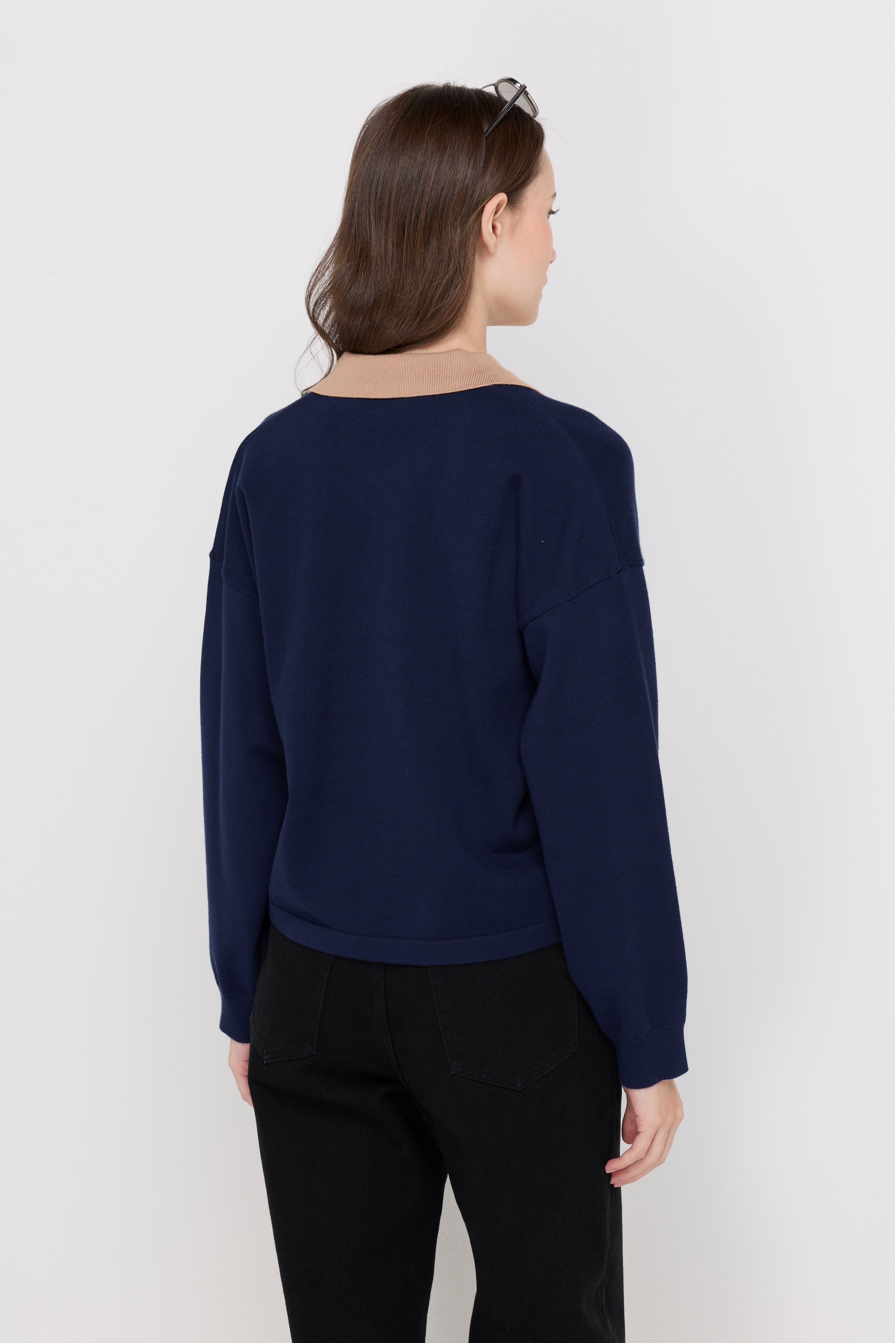 Contrast Trim Long Sleeve Polo Sweater Navy