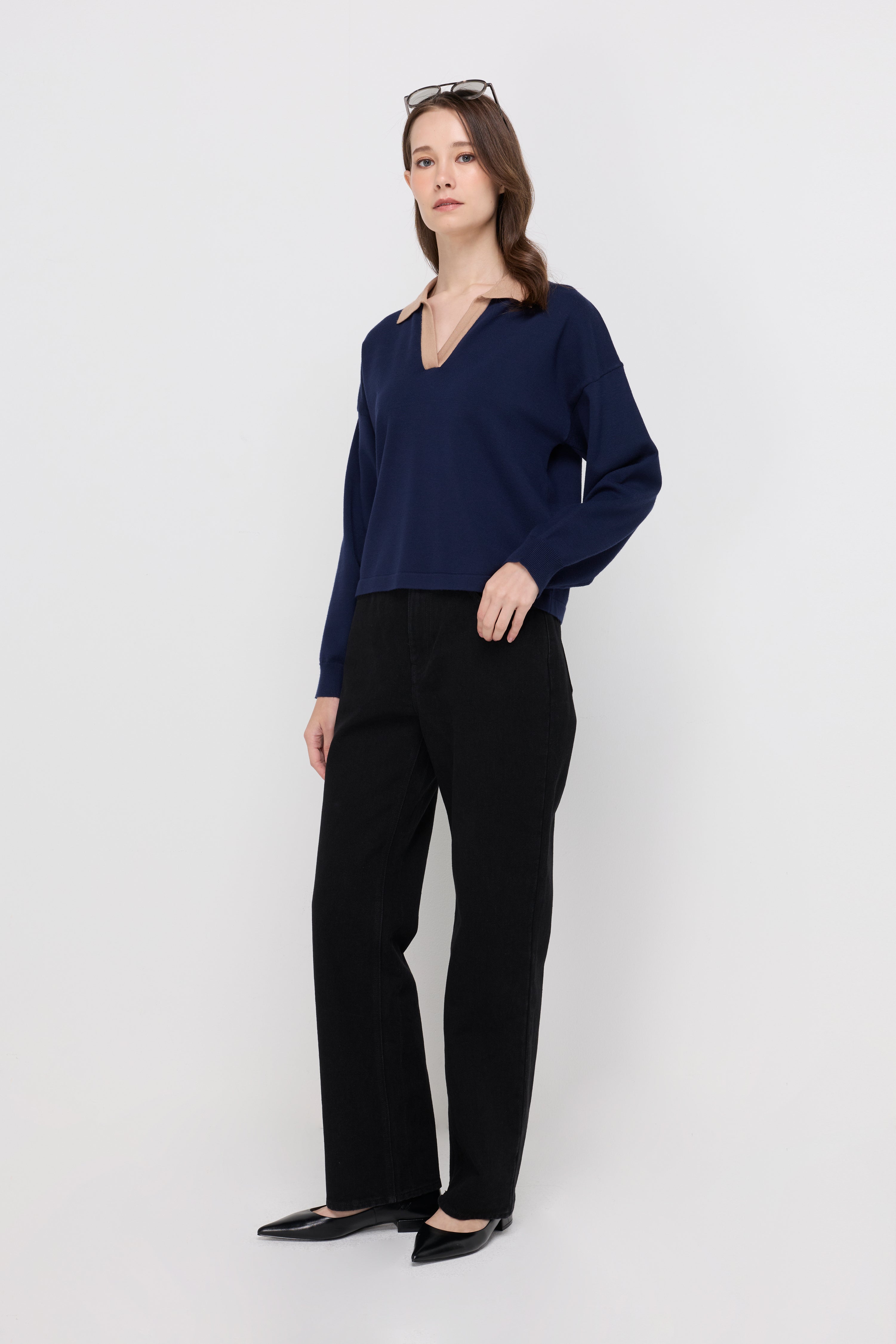 Contrast Trim Long Sleeve Polo Sweater Navy