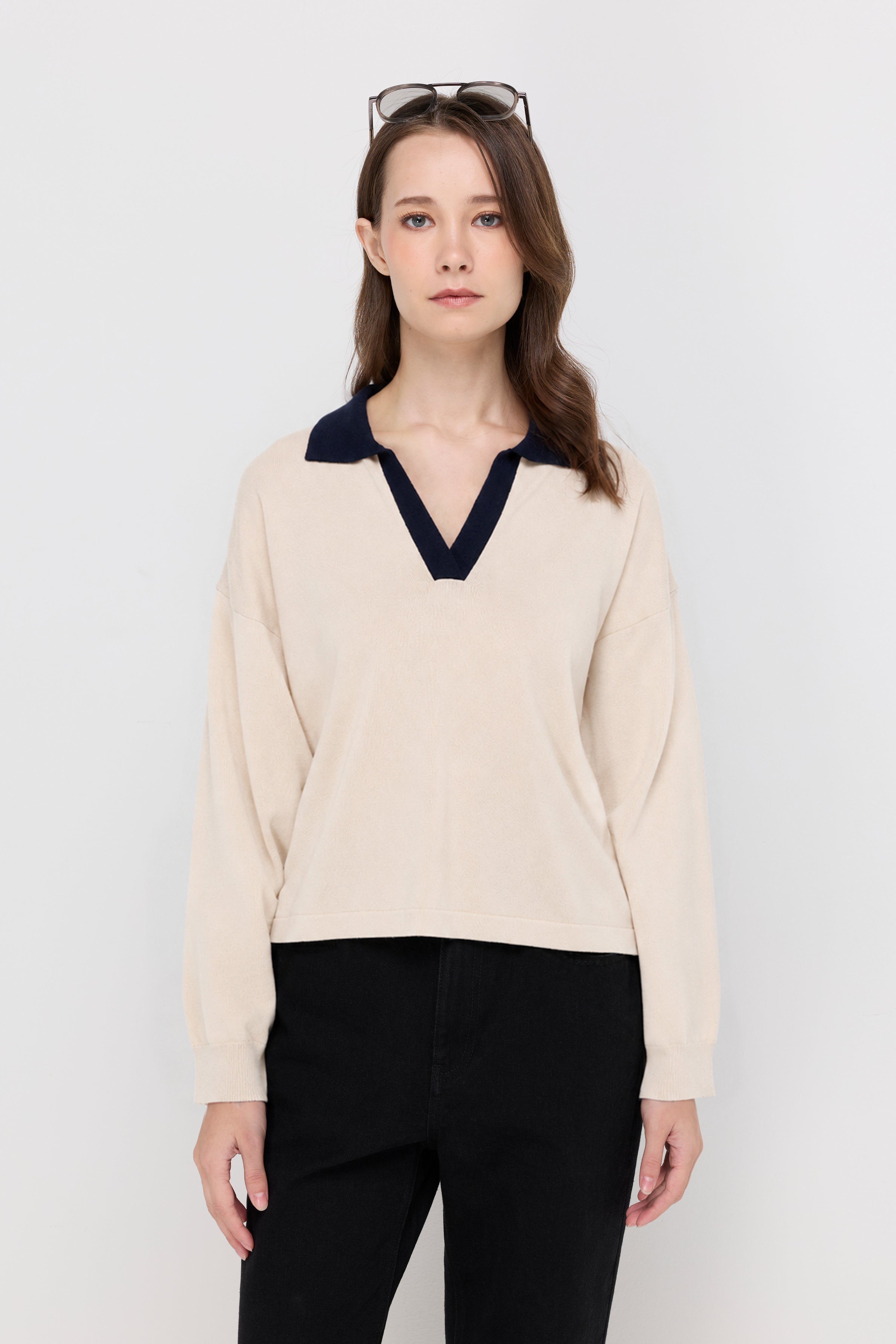 Contrast Trim Long Sleeve Polo Sweater Off-White