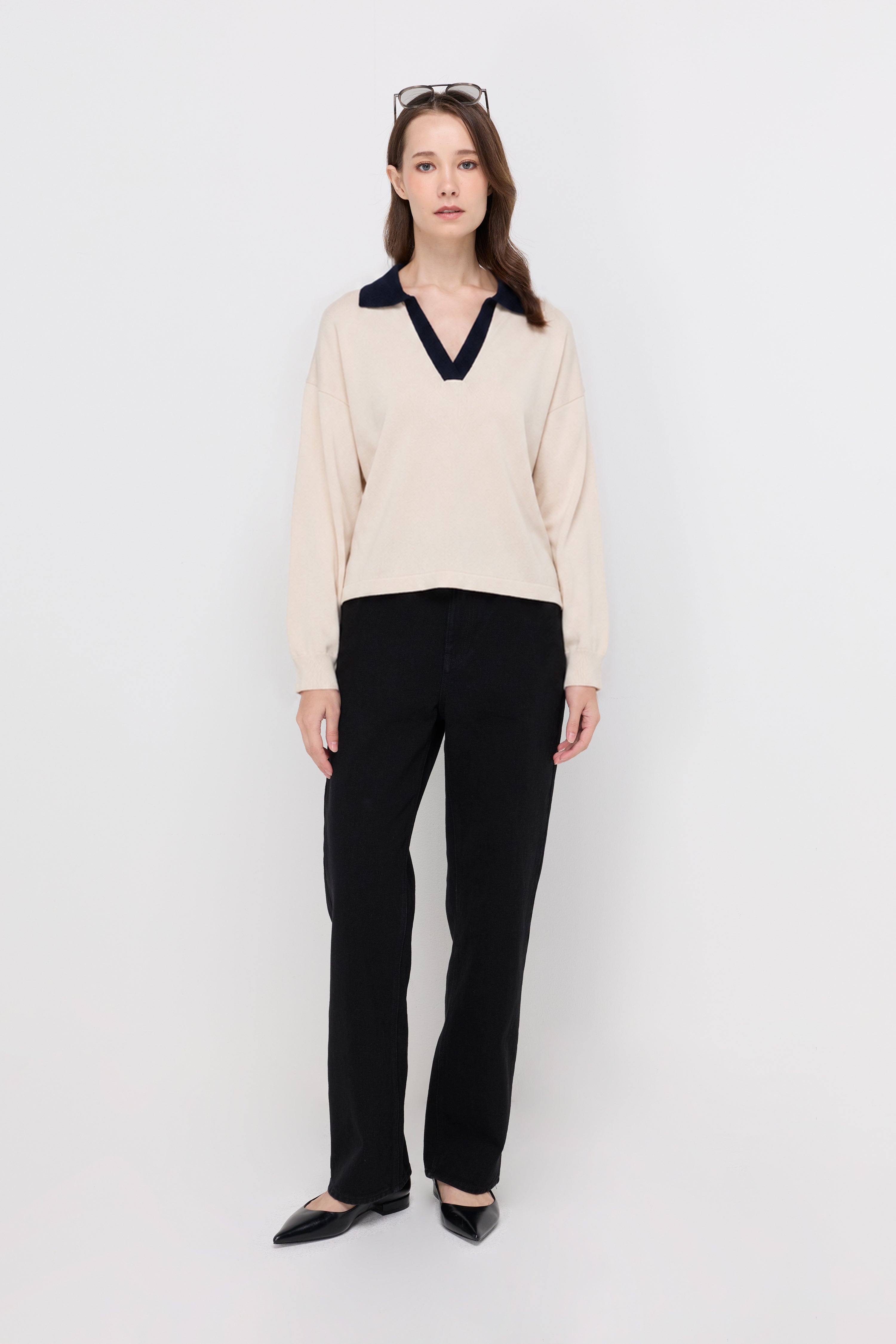 Contrast Trim Long Sleeve Polo Sweater Off-White
