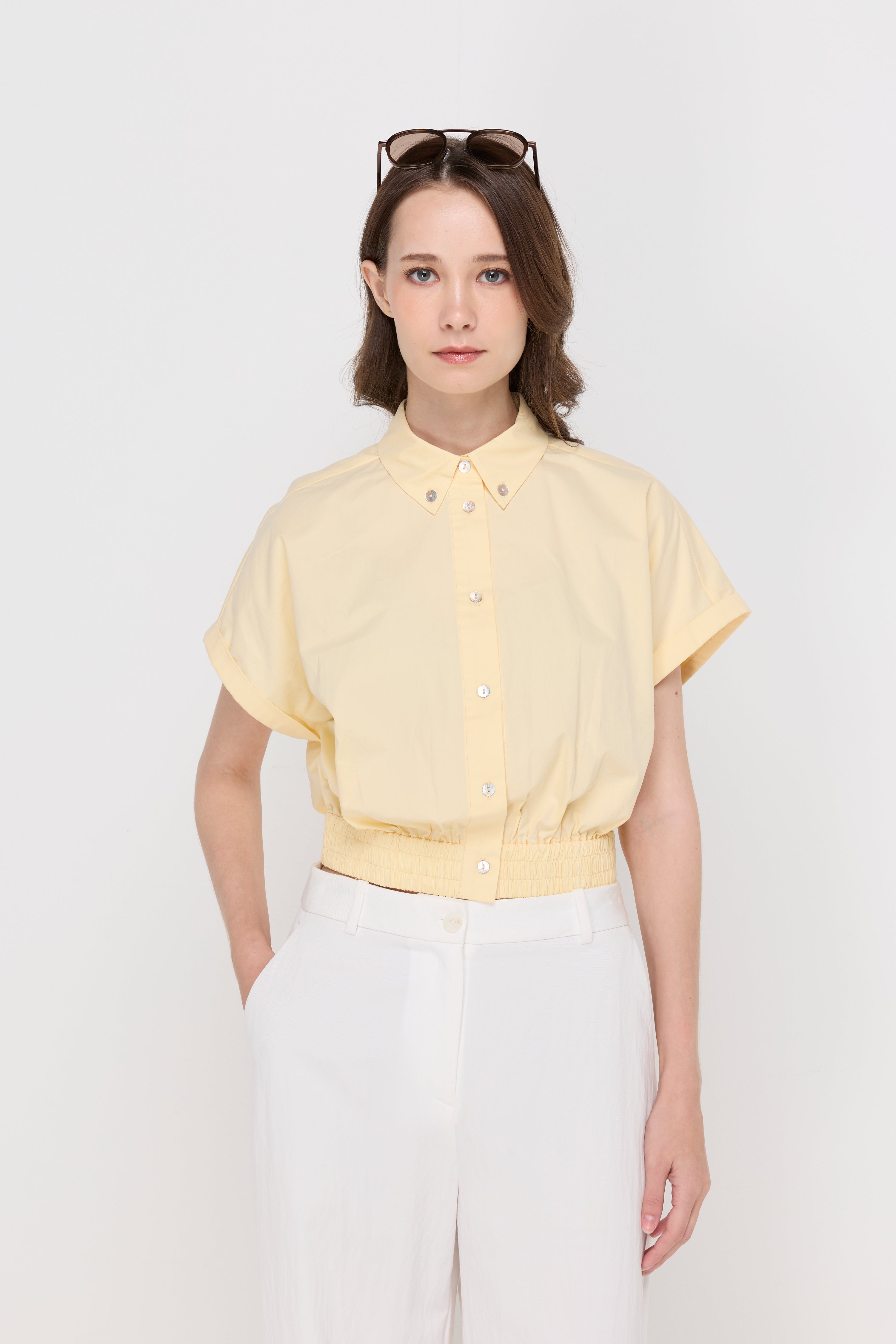 Elastic Hem Cropped Polo Shirt Yellow