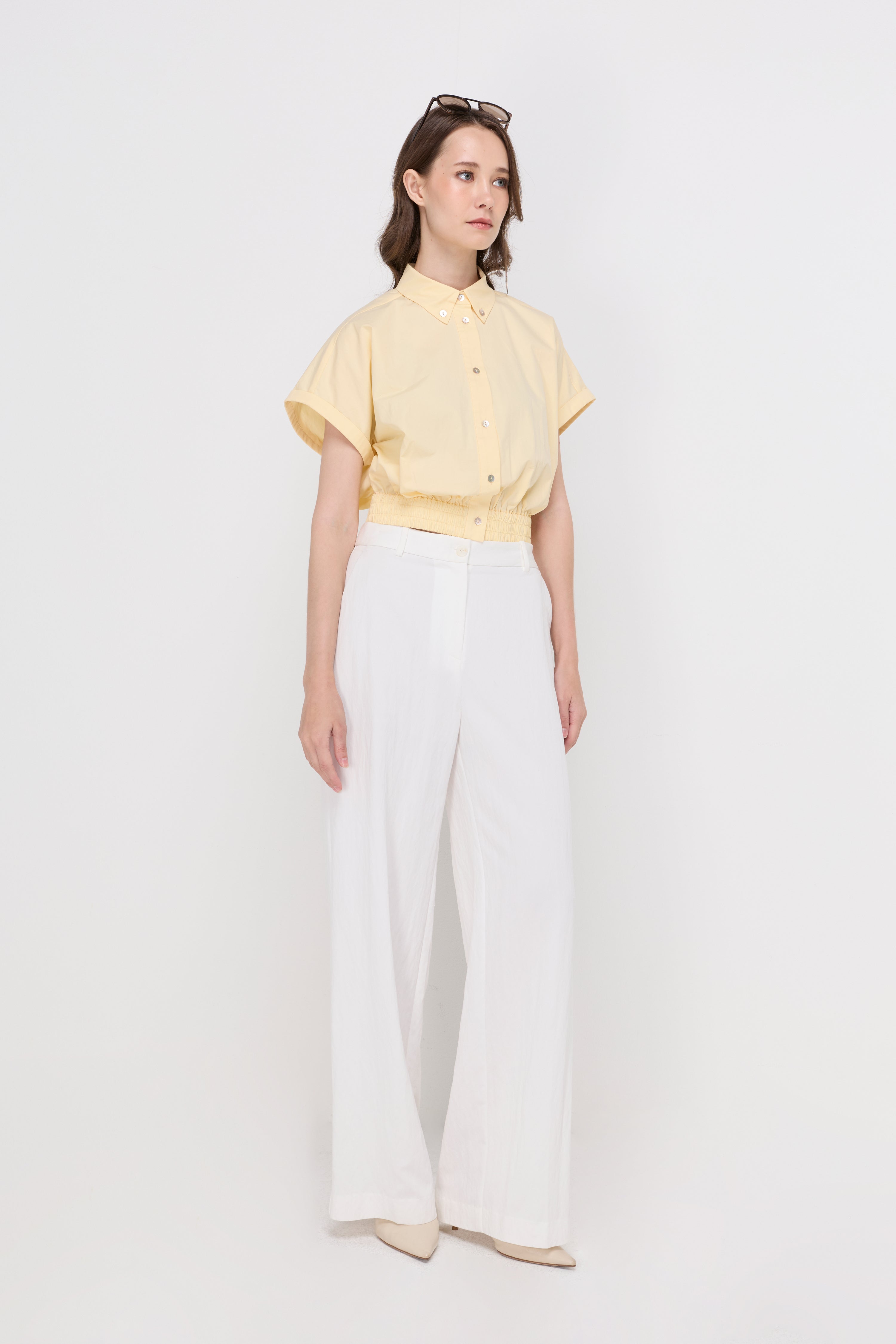 Elastic Hem Cropped Polo Shirt Yellow