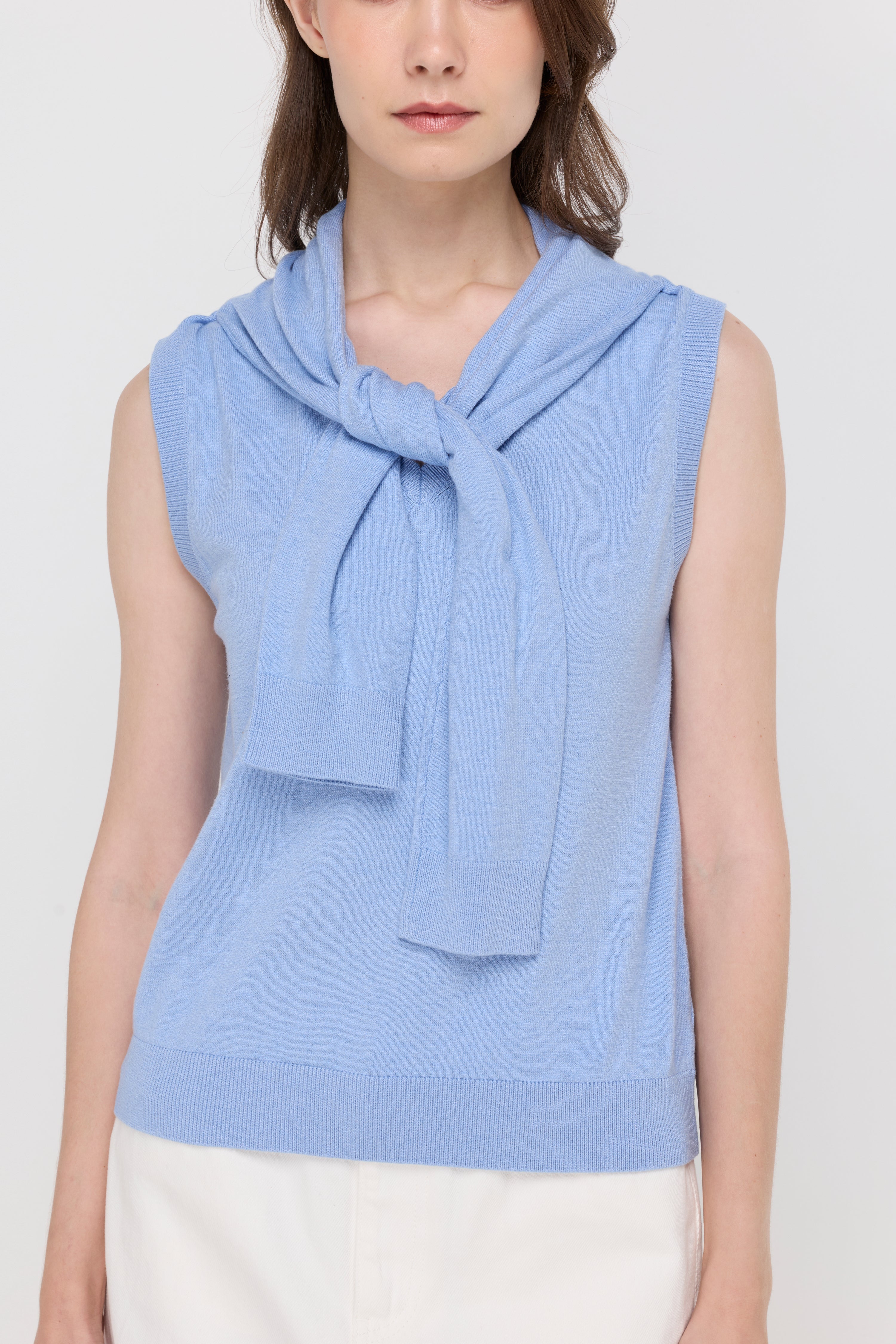 Shoulder-Wrap Knit Top Blue