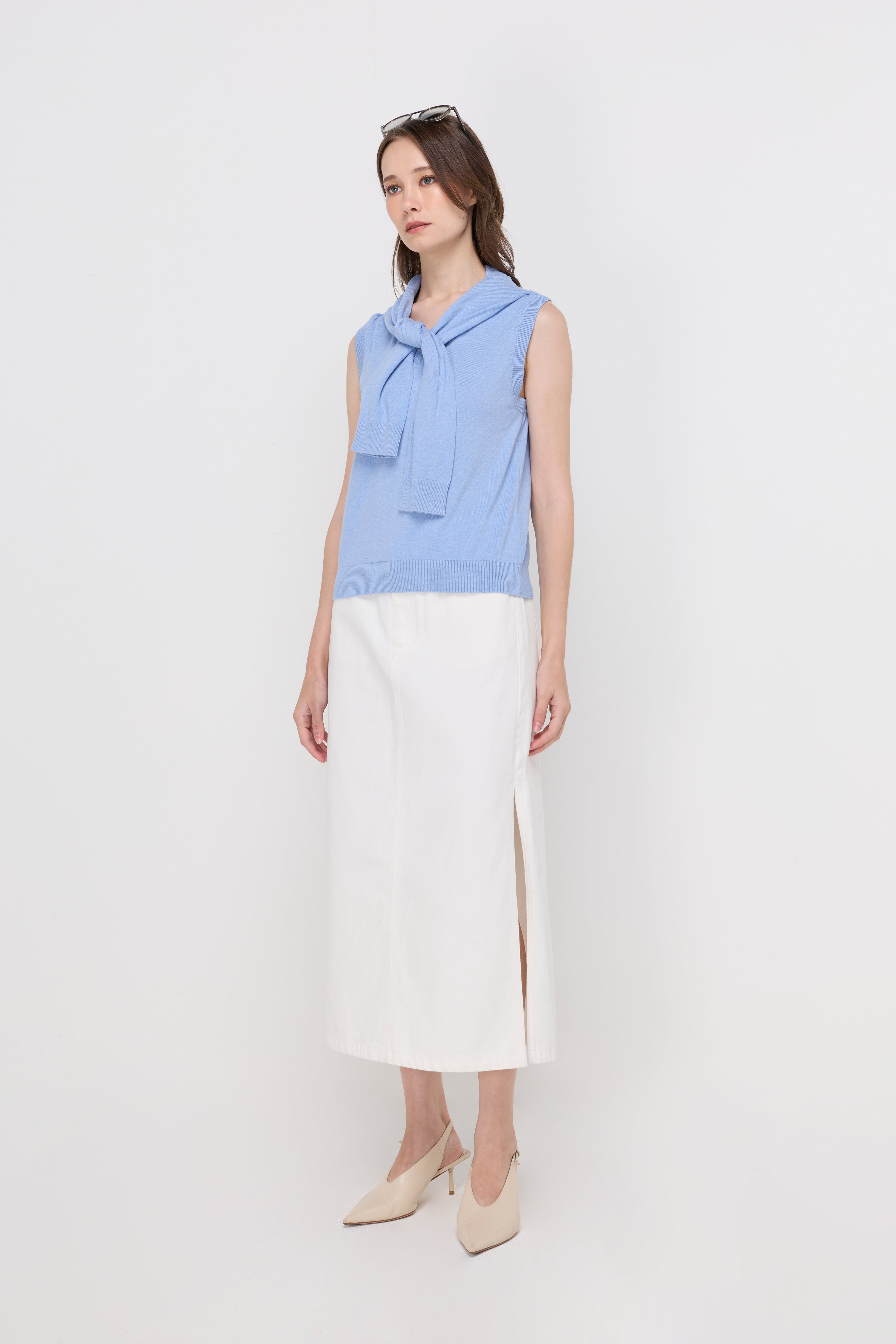 Shoulder-Wrap Knit Top Blue