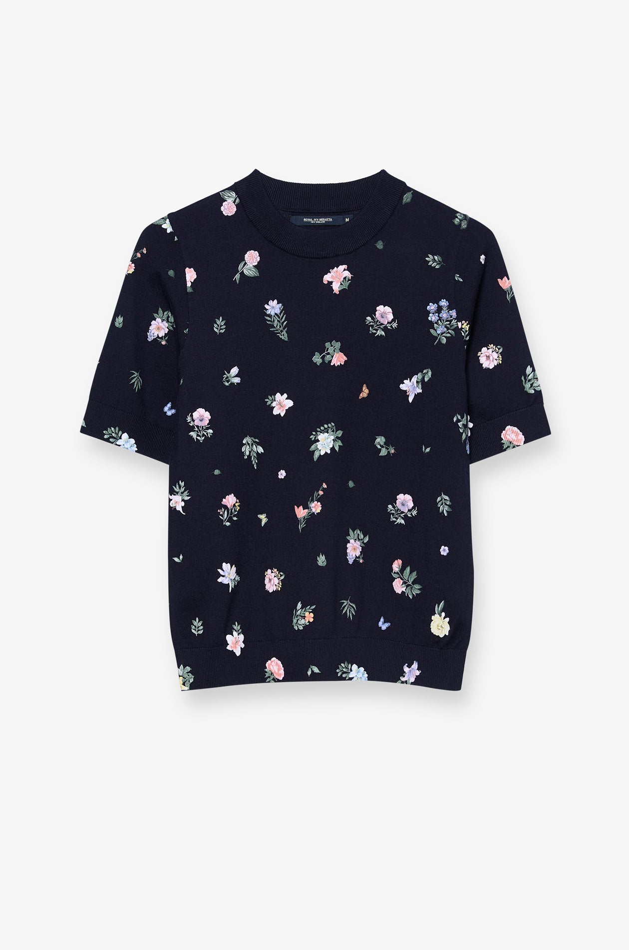Floral Print Ribbed Knit Top Printed Navy