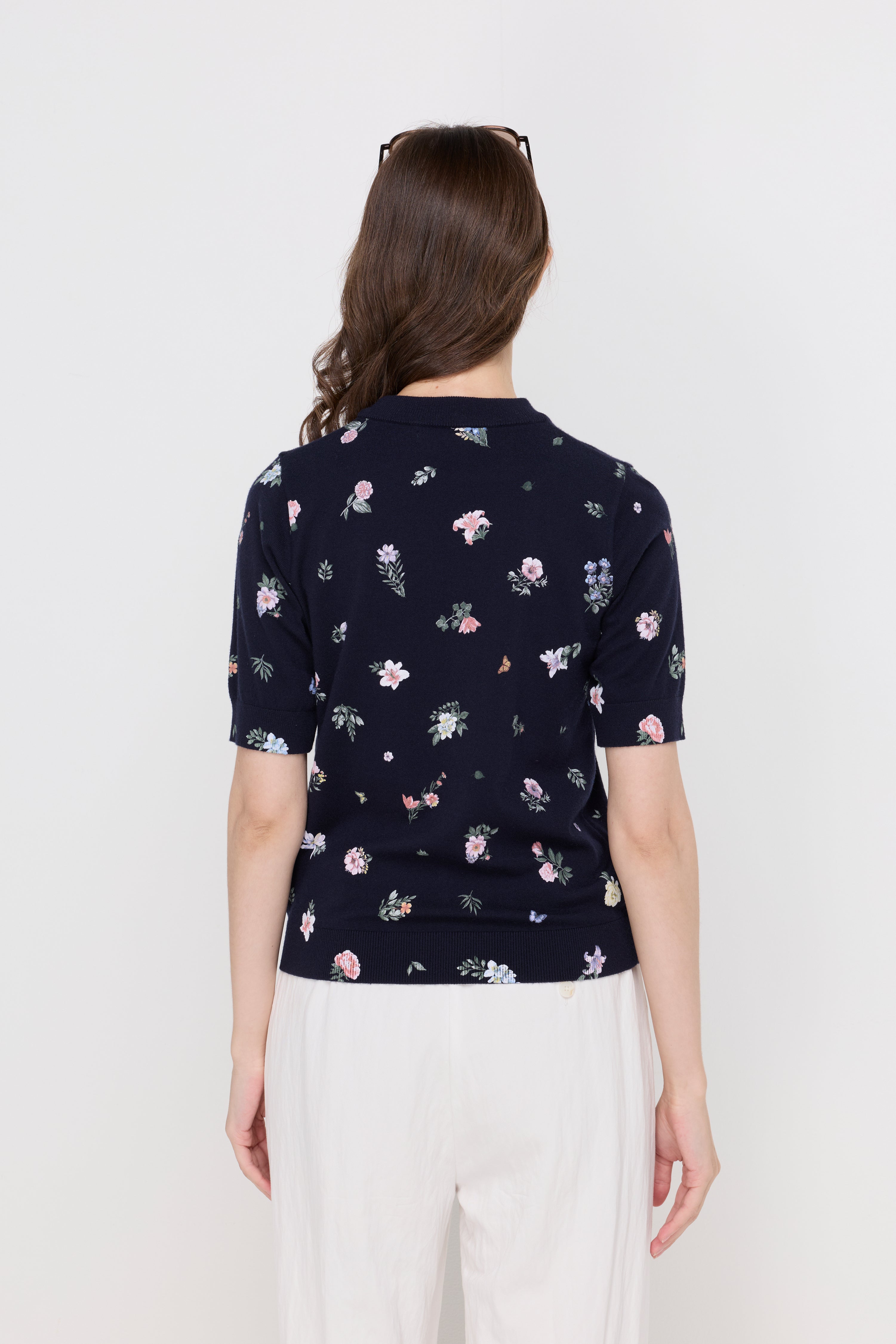 Floral Print Ribbed Knit Top Printed Navy
