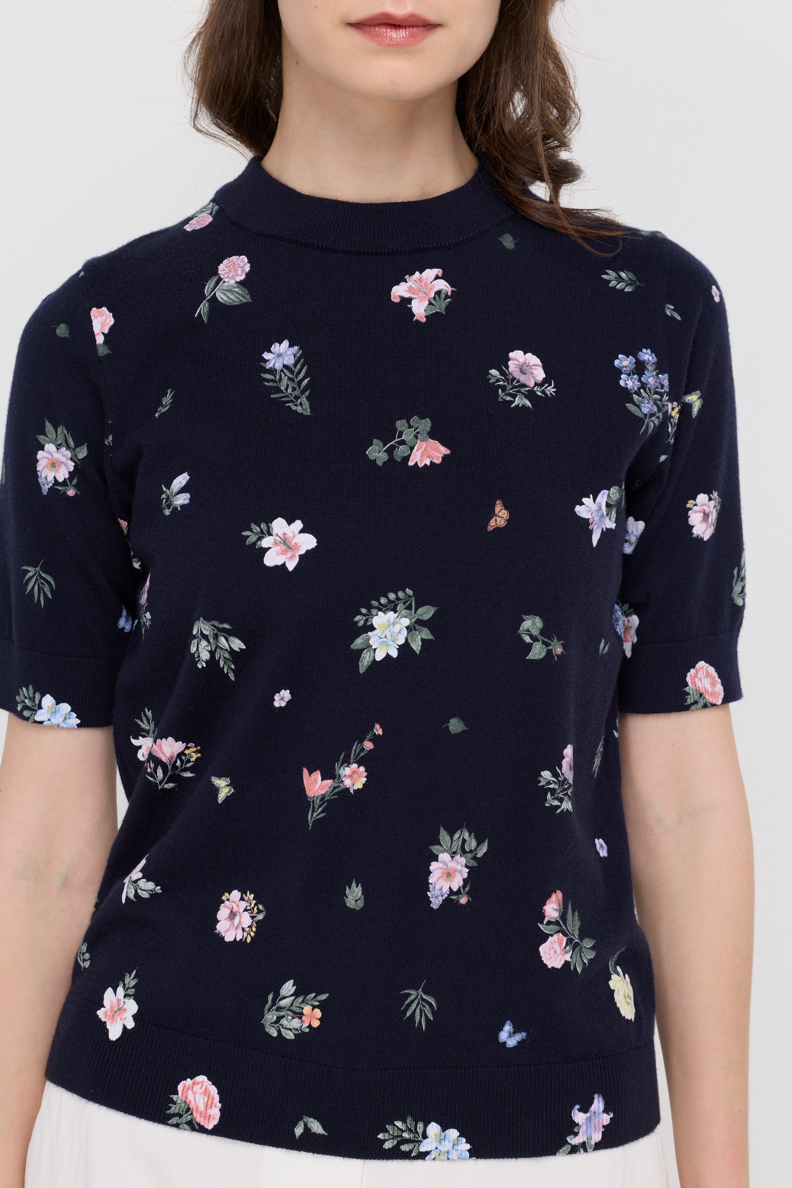 Floral Print Ribbed Knit Top Printed Navy