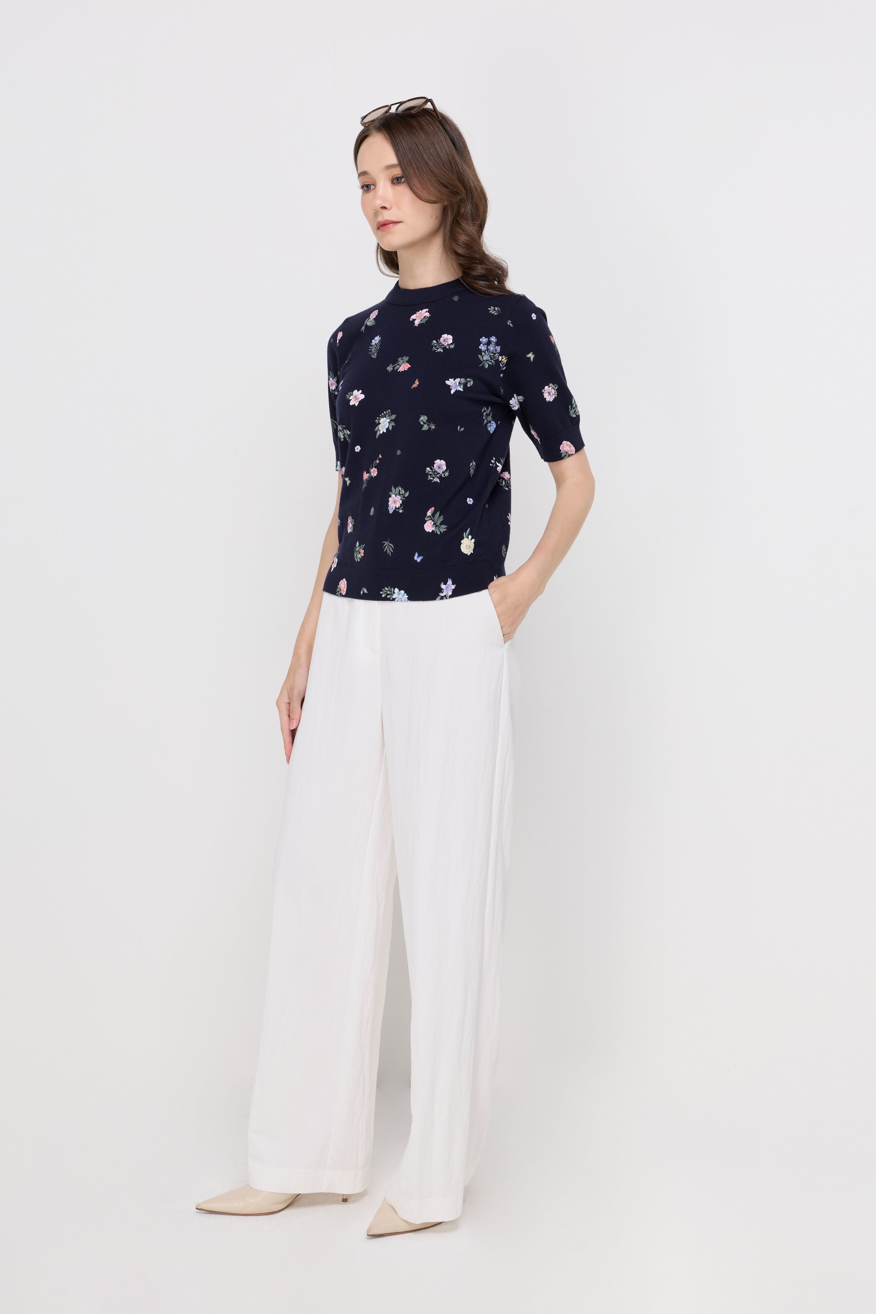 Floral Print Ribbed Knit Top Printed Navy