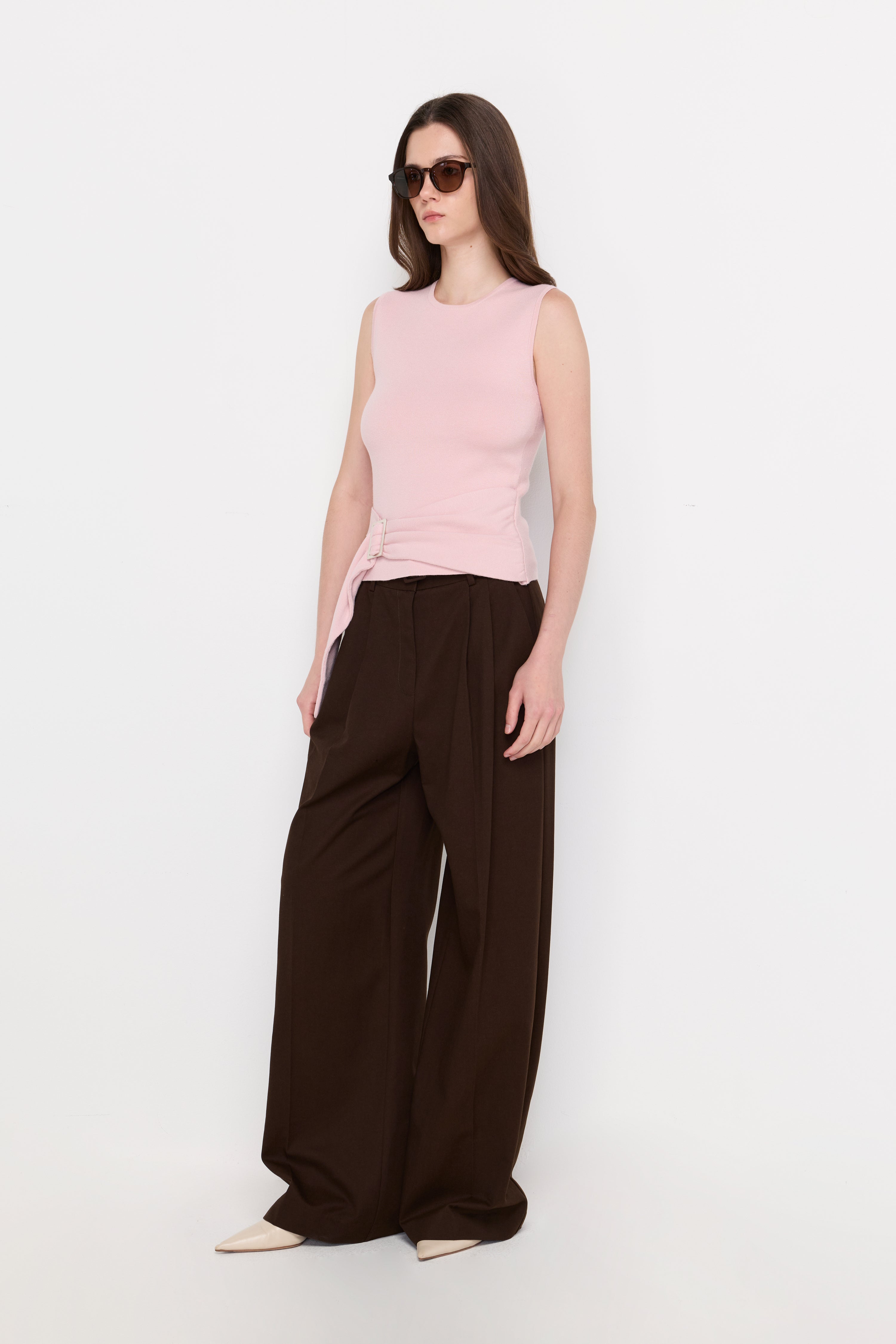 Sleeveless Side Tie Flat Knit Top Light Pink