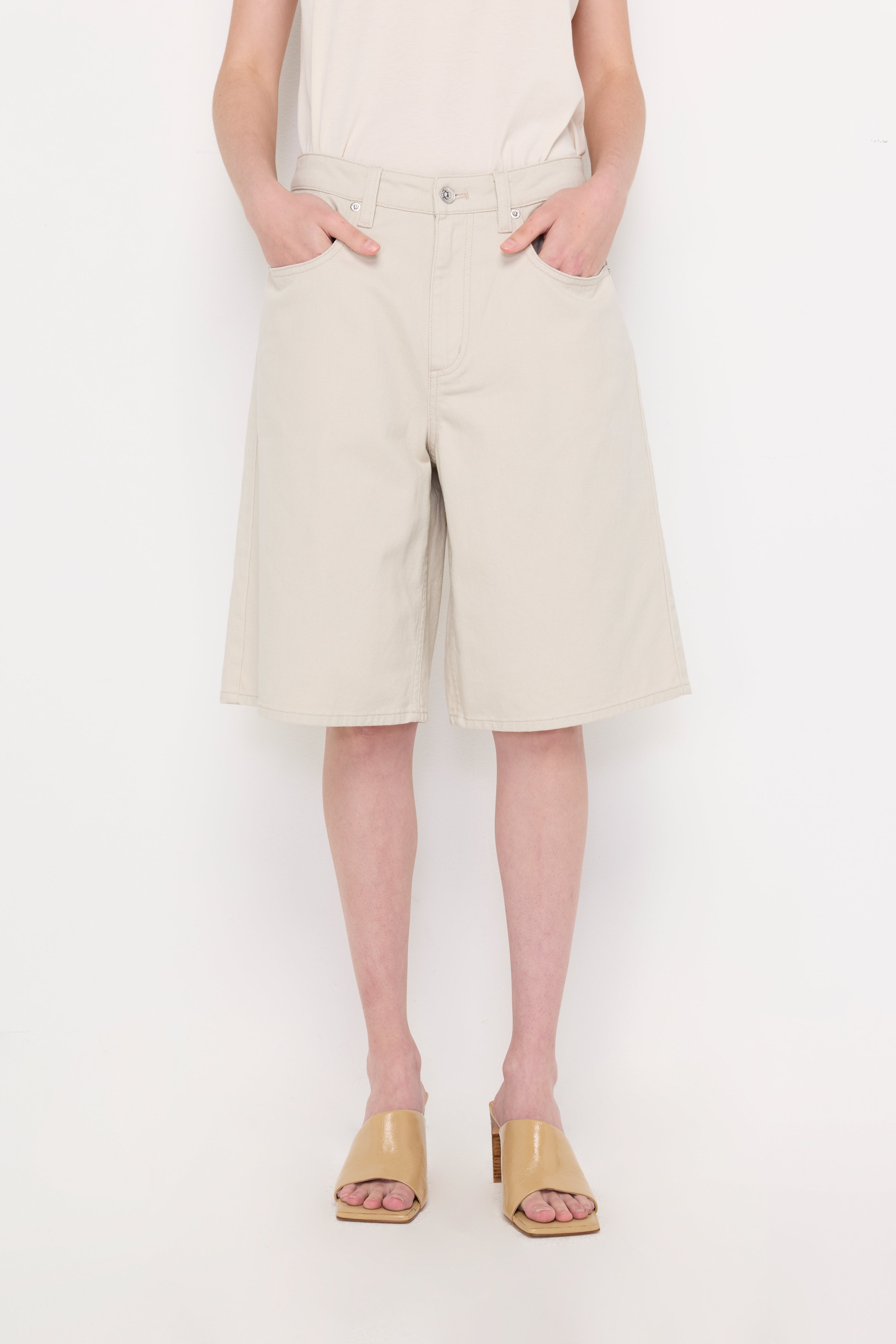 High-Rise Denim Bermuda Shorts Beige