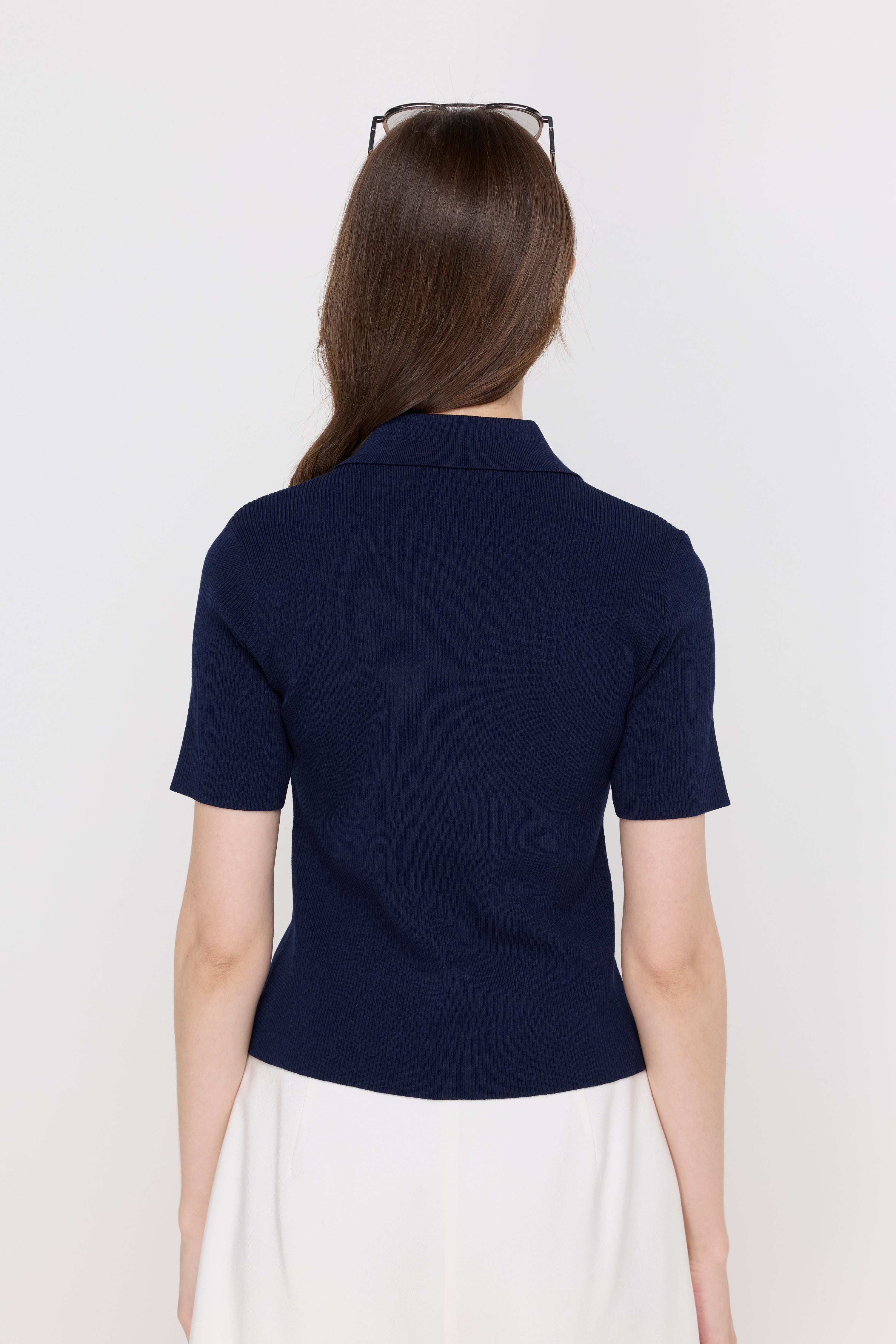 Ribbed Knit Polo Top Navy