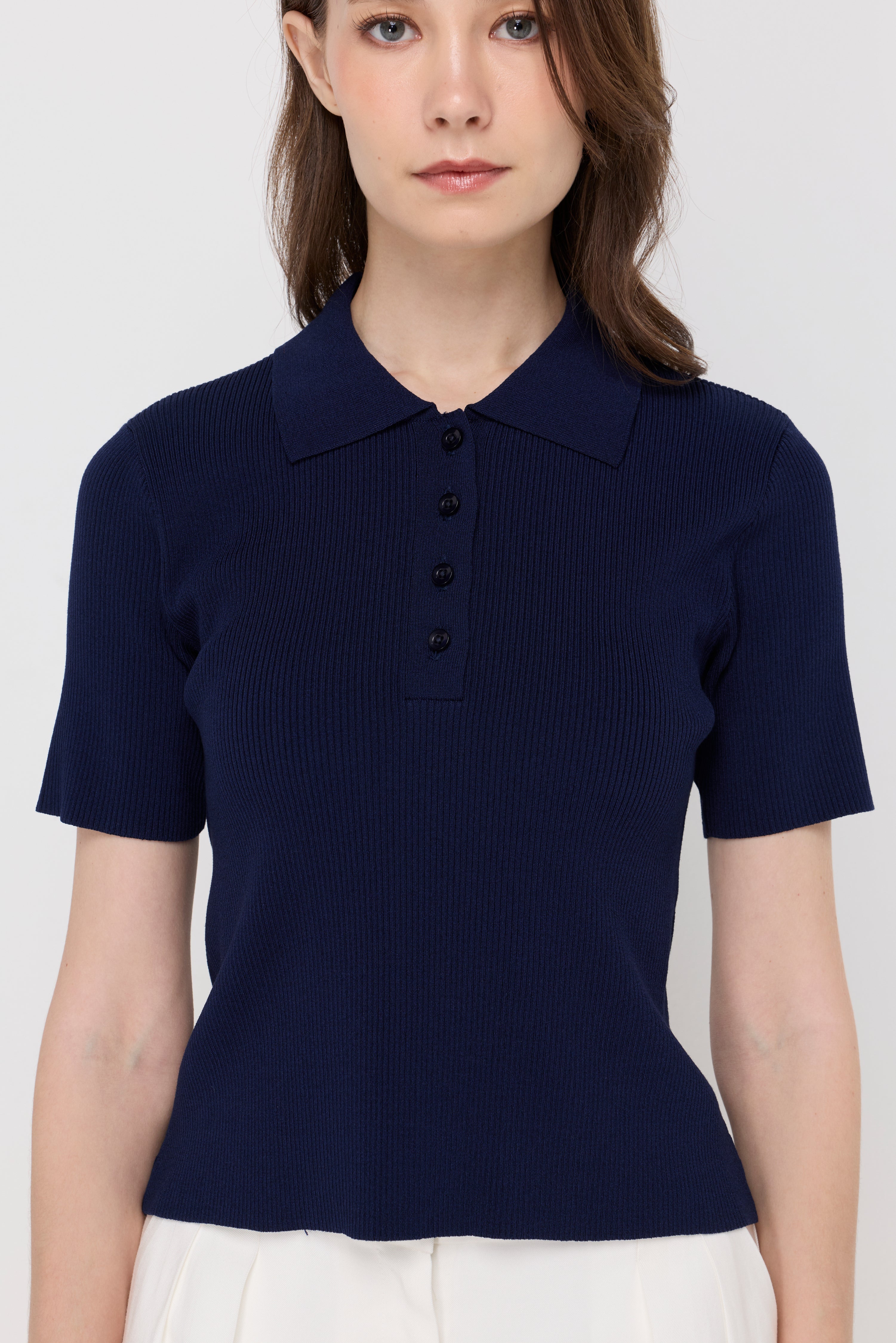 Ribbed Knit Polo Top Navy
