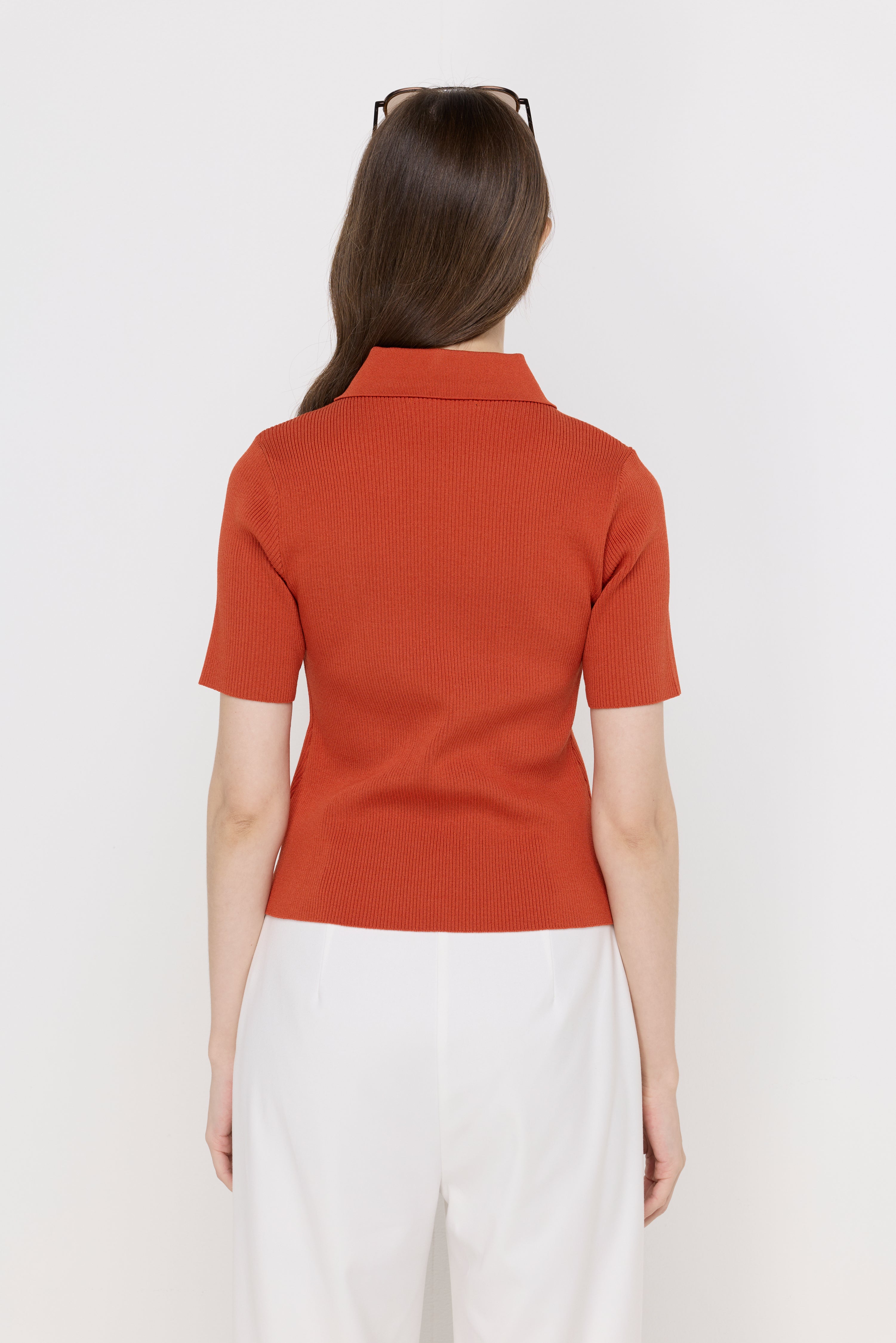 Ribbed Knit Polo Top Orange