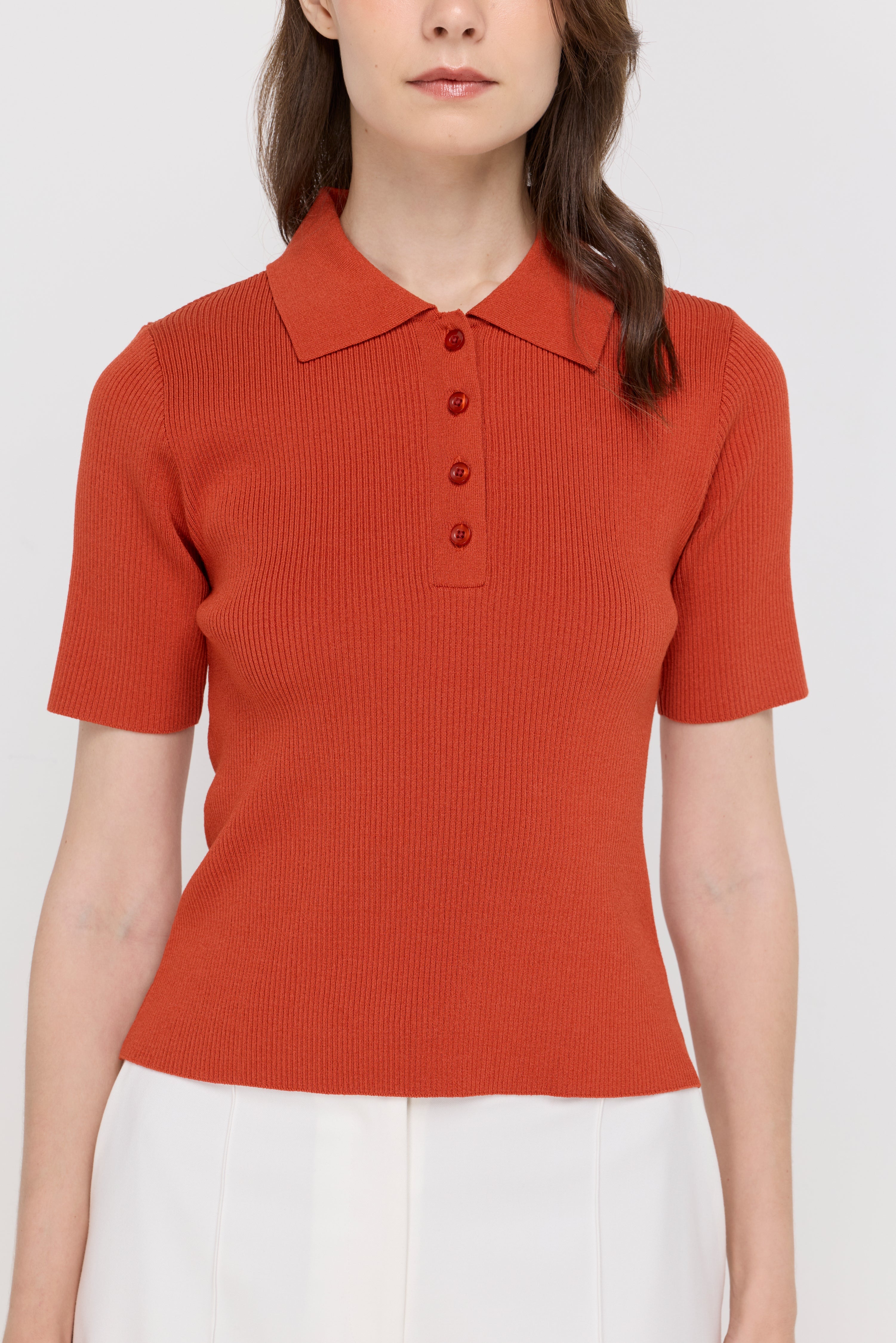 Ribbed Knit Polo Top Orange